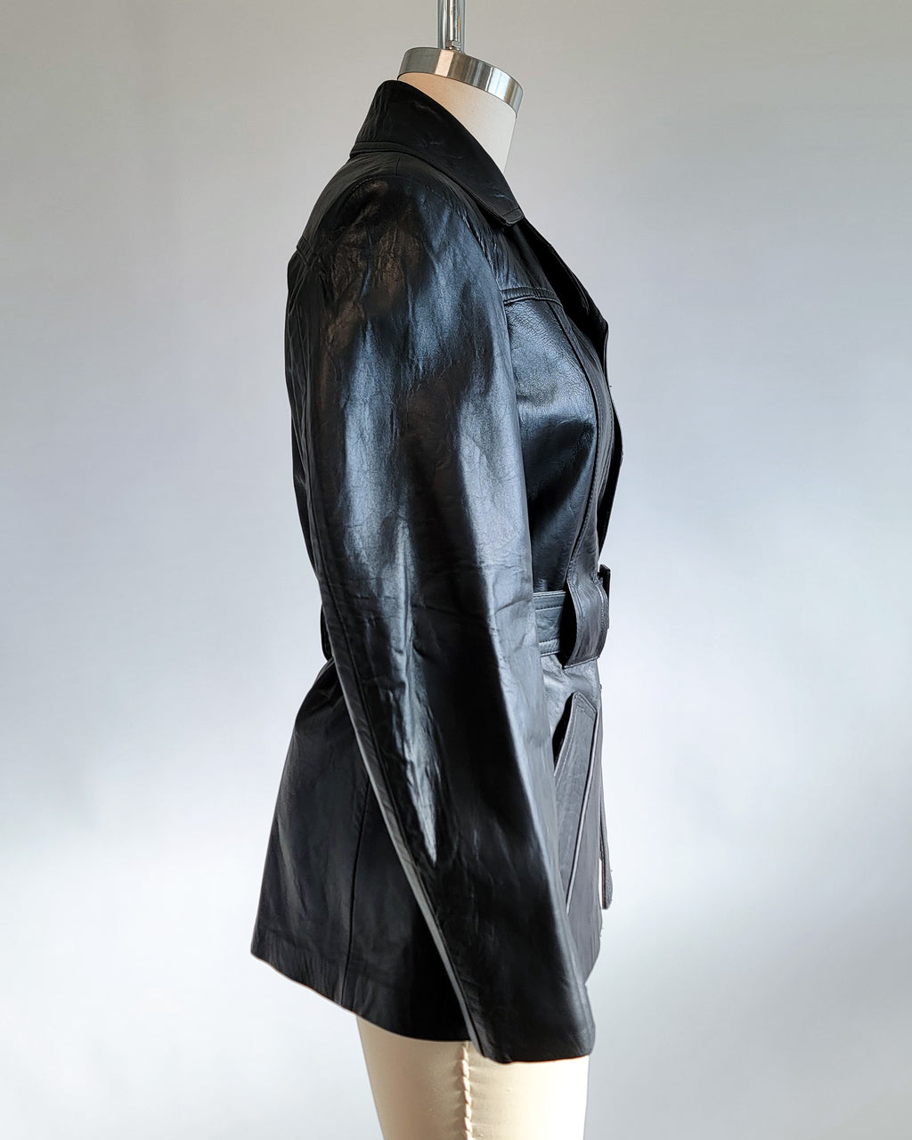 70s Black Genuine Leather Belted Jacket