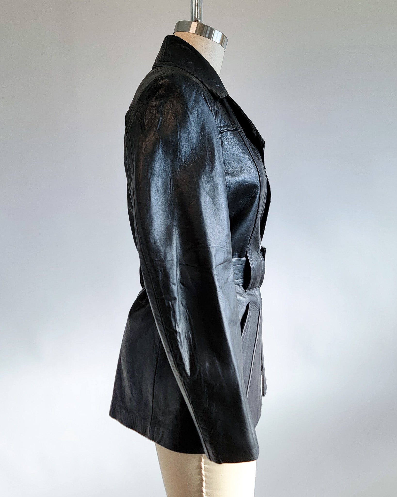 70s Black Genuine Leather Belted Jacket