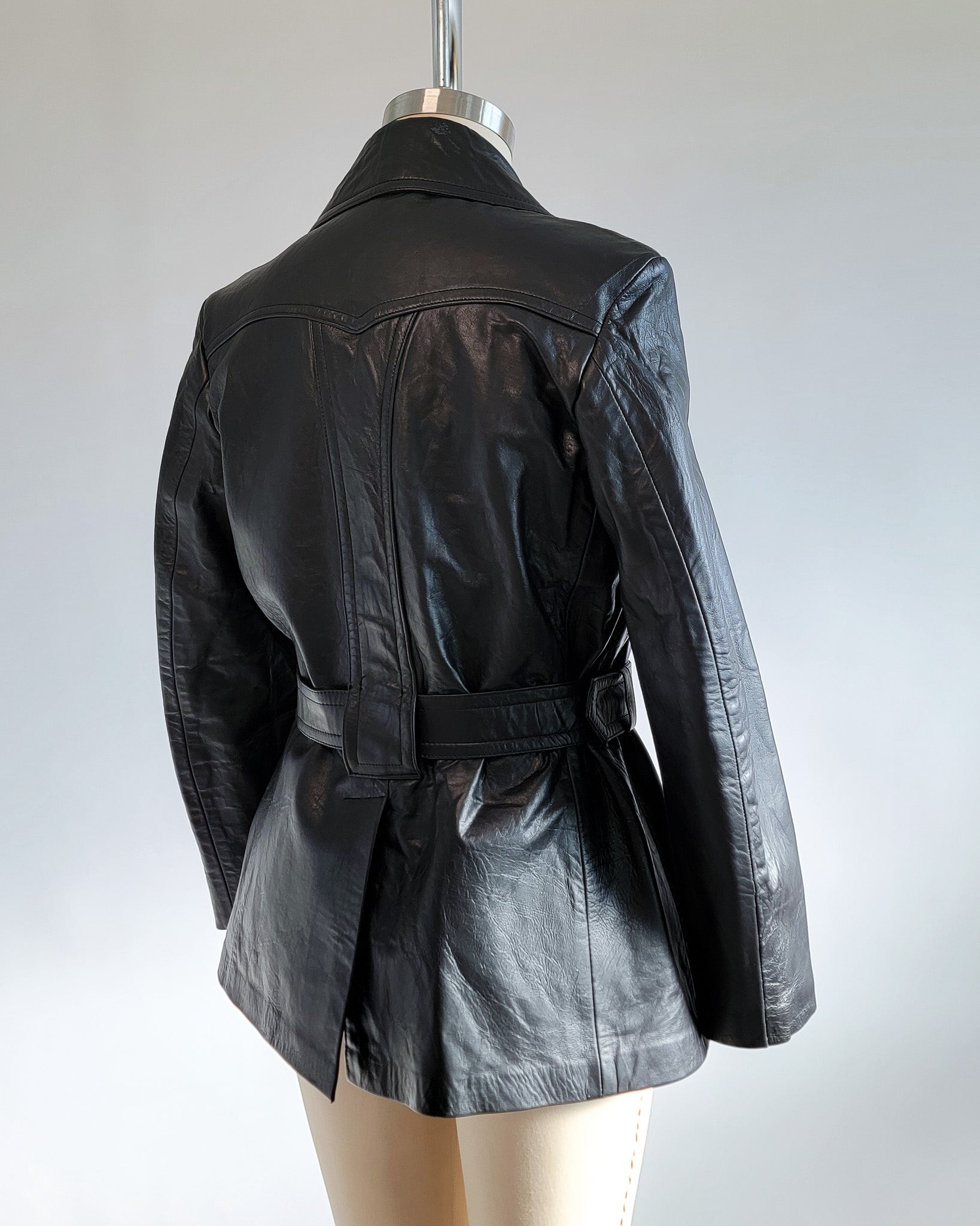 70s Black Genuine Leather Belted Jacket