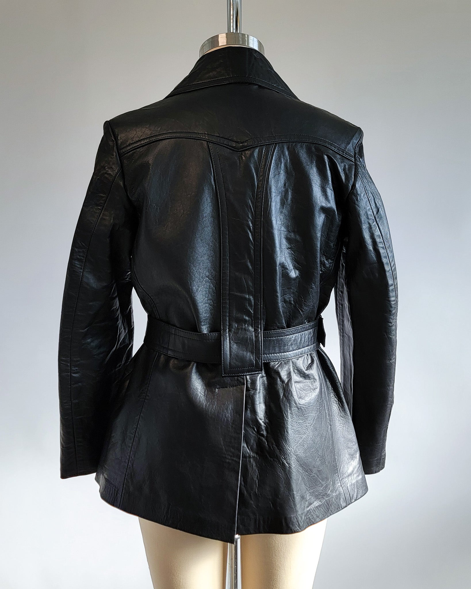 70s Black Genuine Leather Belted Jacket