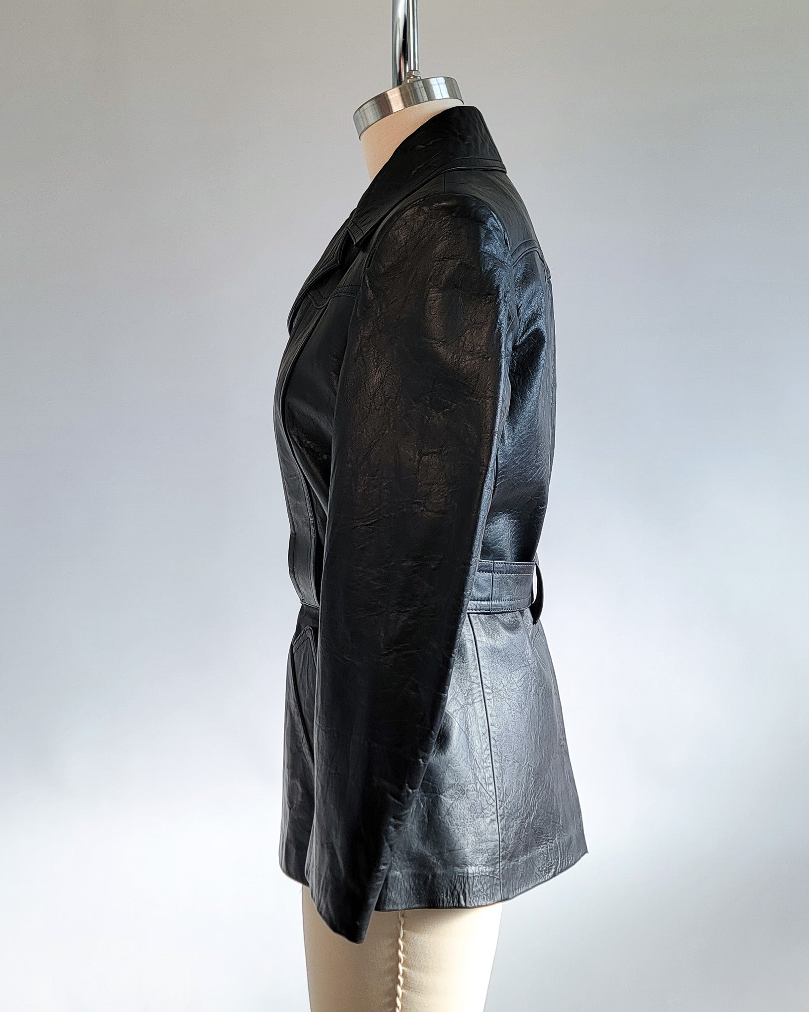70s Black Genuine Leather Belted Jacket
