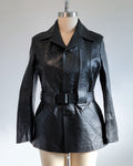 70s Black Genuine Leather Belted Jacket