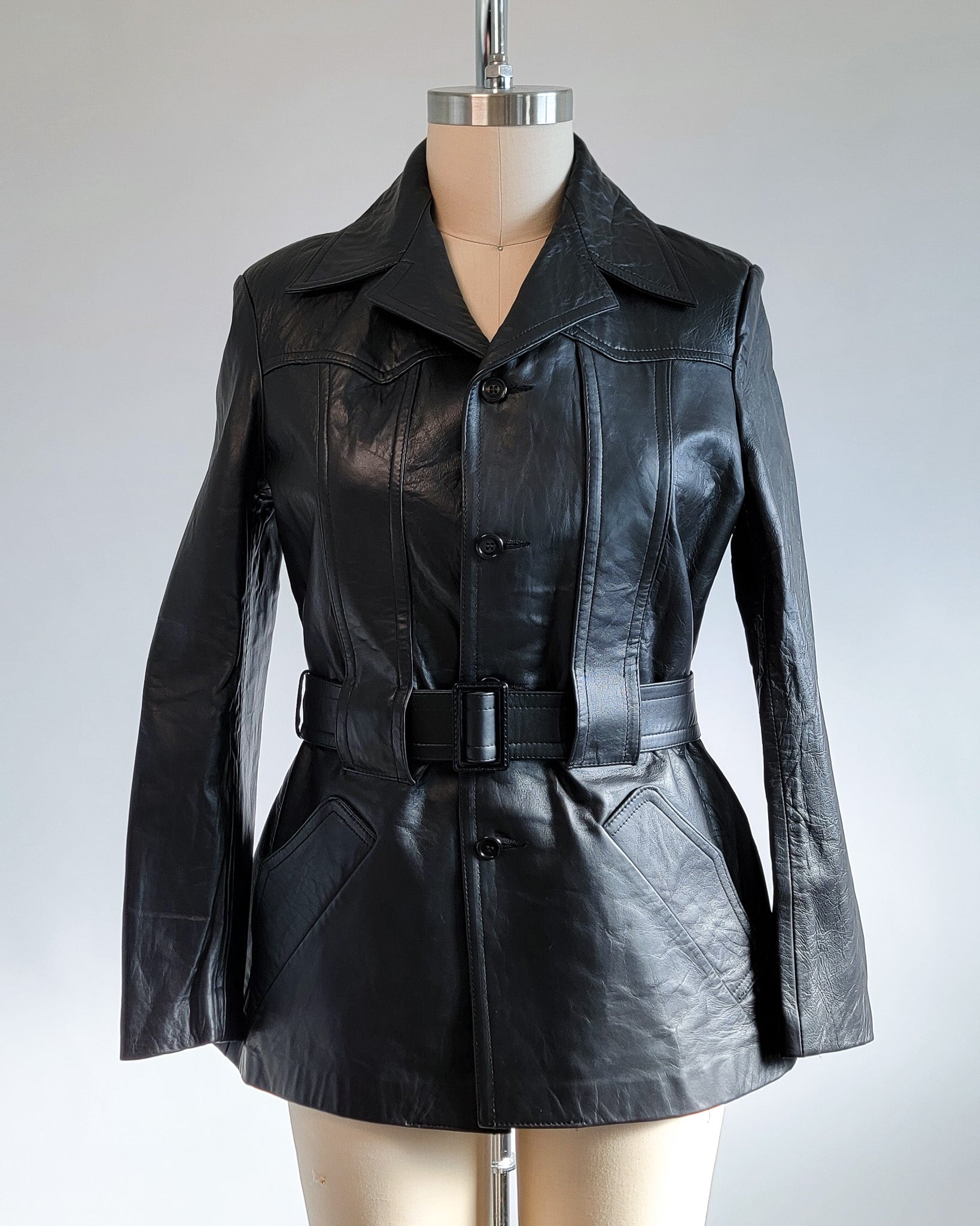 70s Black Genuine Leather Belted Jacket – Salama Vintage