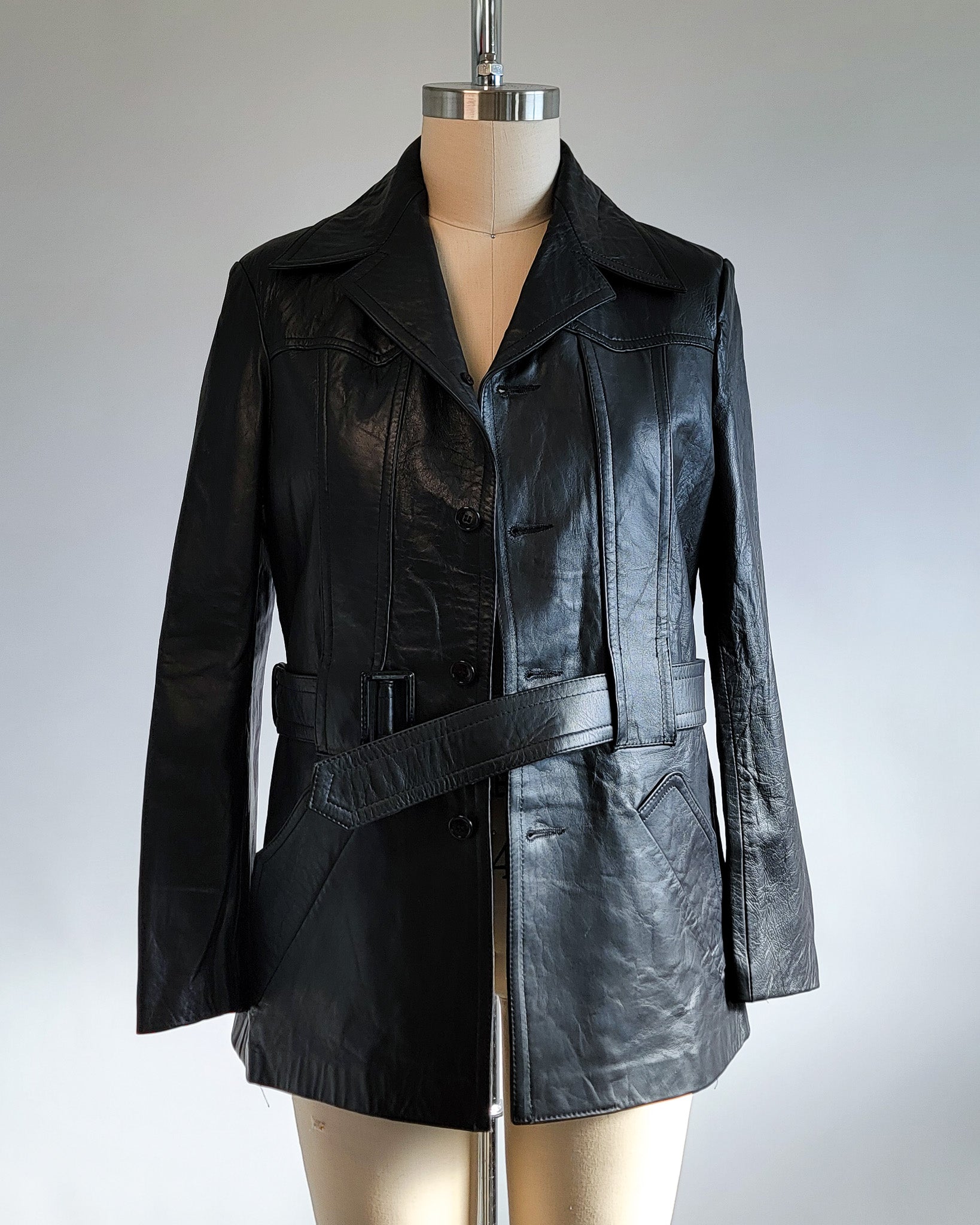 70s Black Genuine Leather Belted Jacket