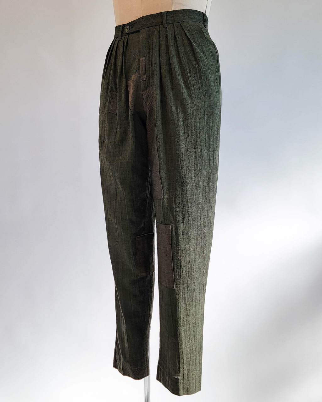 80s Kenzo Tapered Olive Wool Visibly Mended Pants