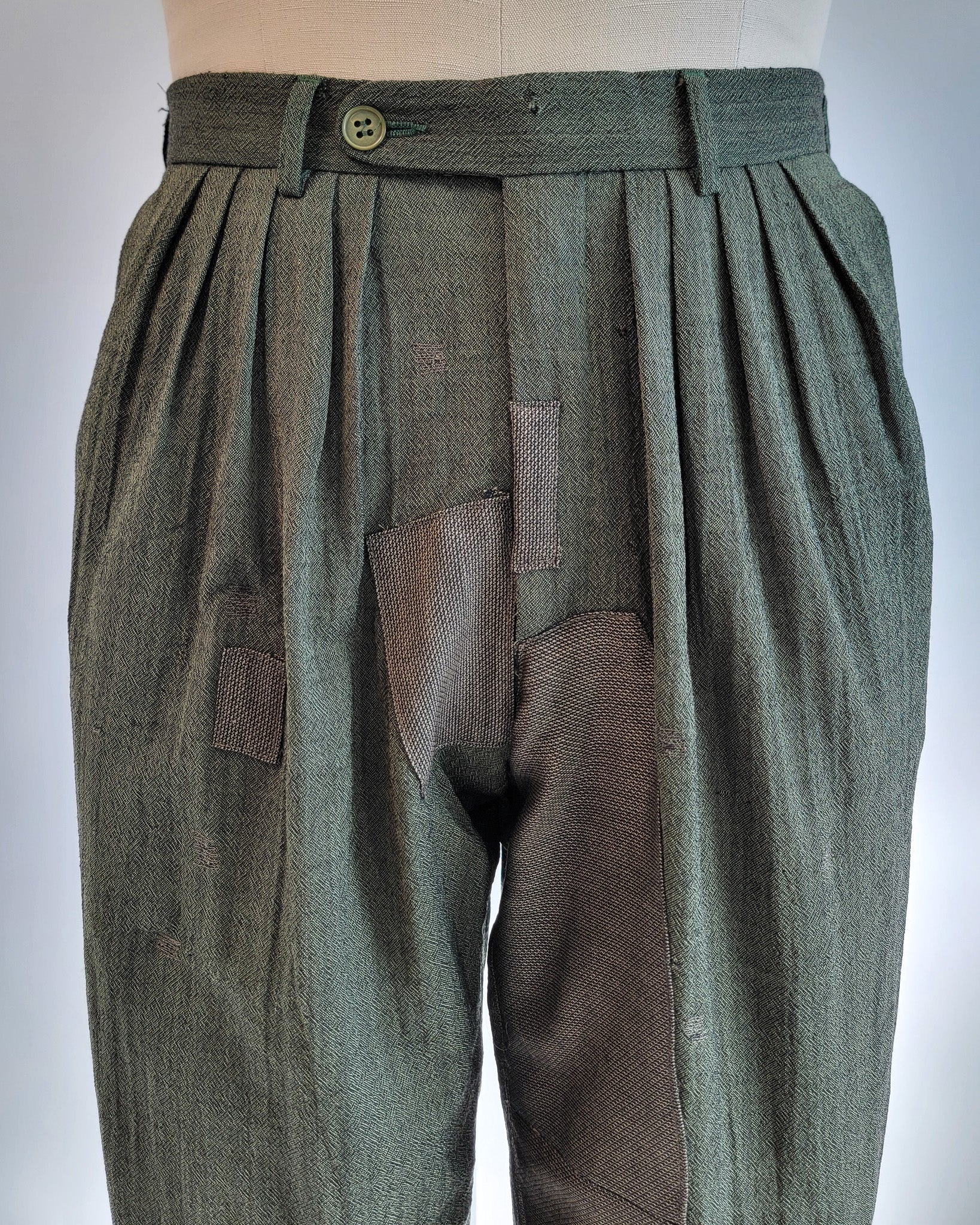 80s Kenzo Tapered Olive Wool Visibly Mended Pants