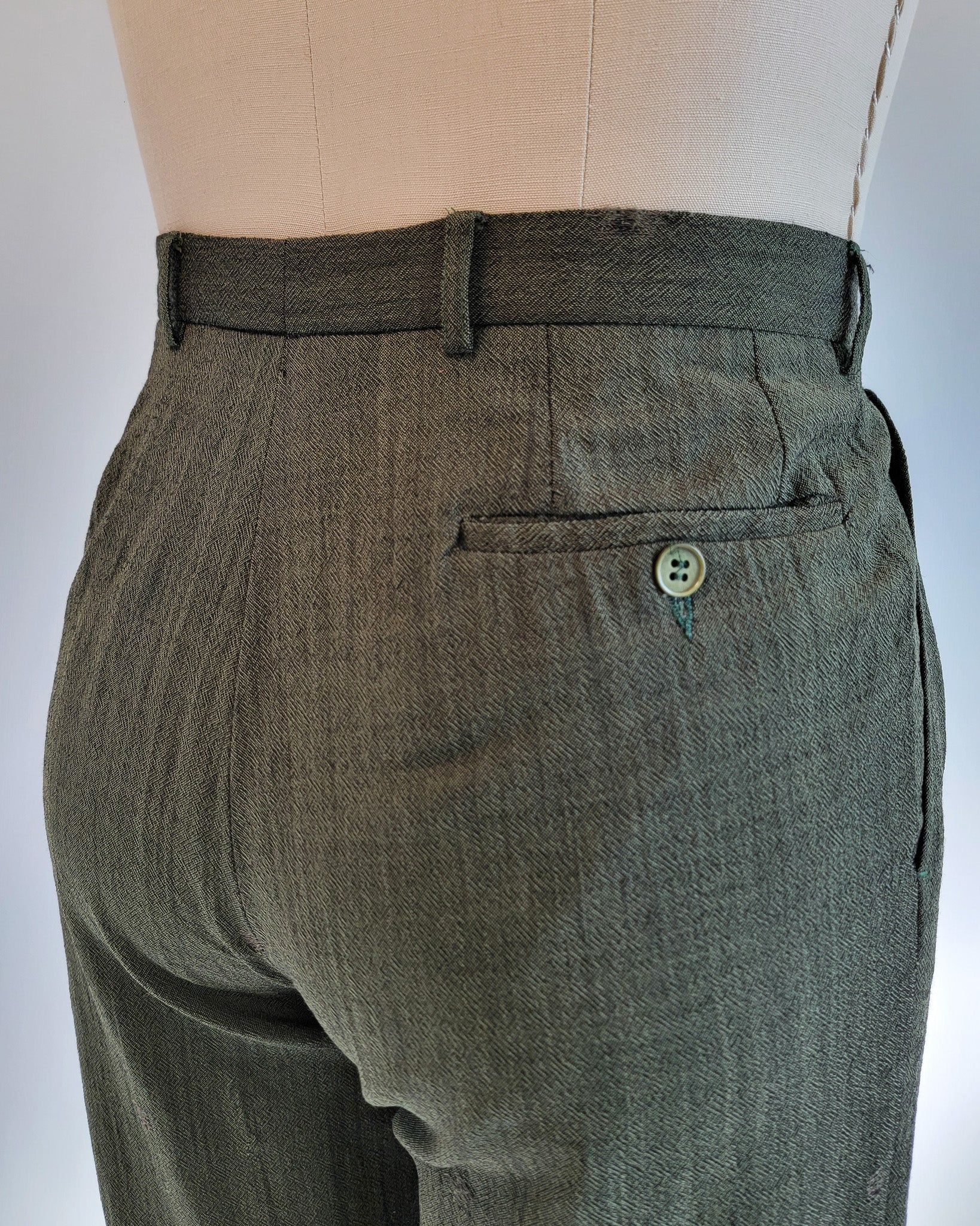 80s Kenzo Tapered Olive Wool Visibly Mended Pants