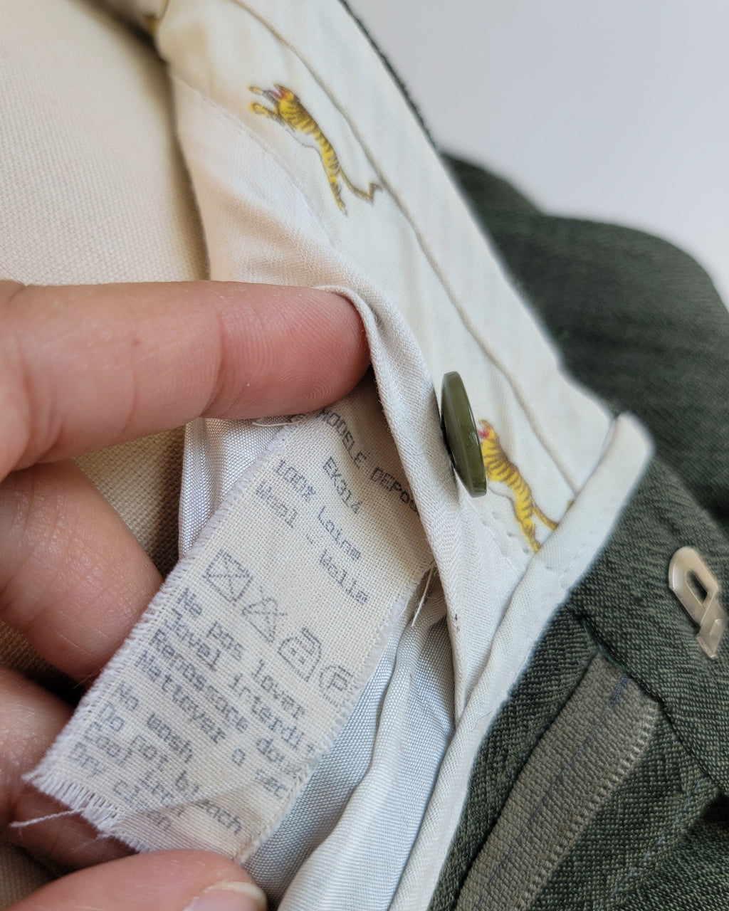 80s Kenzo Tapered Olive Wool Visibly Mended Pants