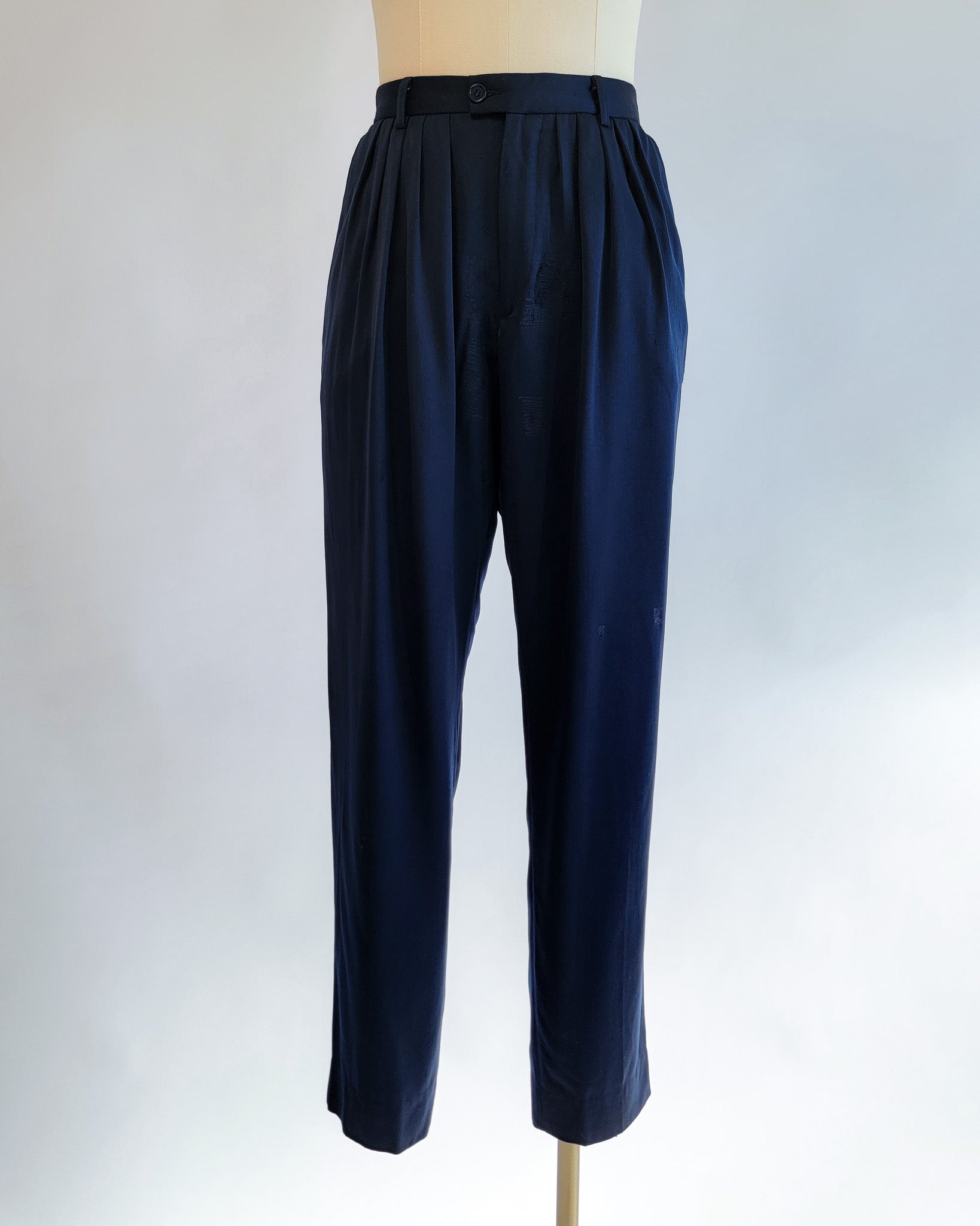 80s Kenzo Navy Reverse Pleated Wool Visibly Mended Pants