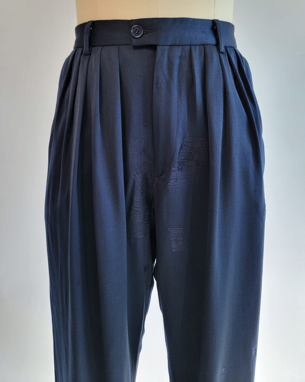 80s Kenzo Navy Reverse Pleated Wool Visibly Mended Pants