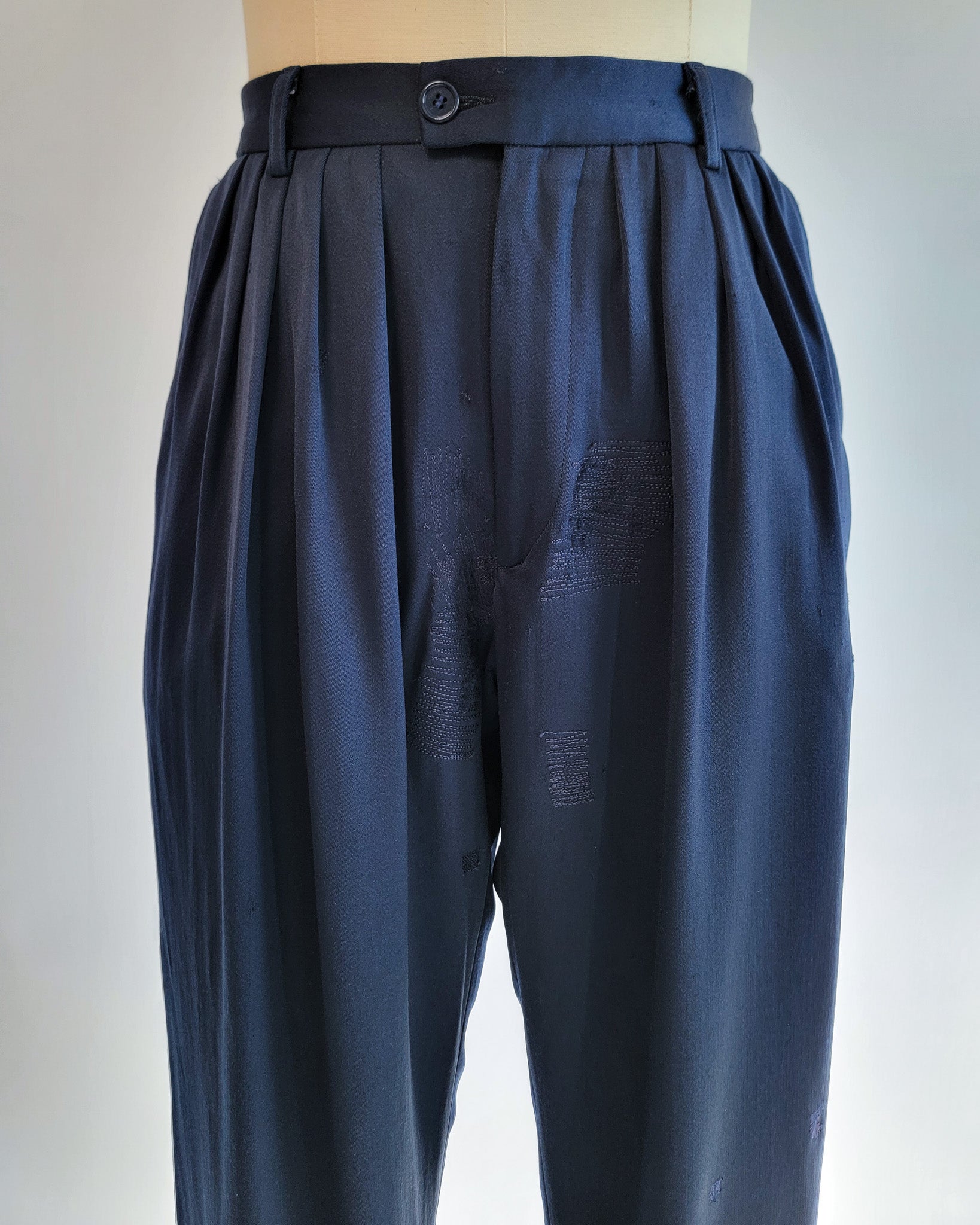 80s Kenzo Navy Reverse Pleated Wool Visibly Mended Pants