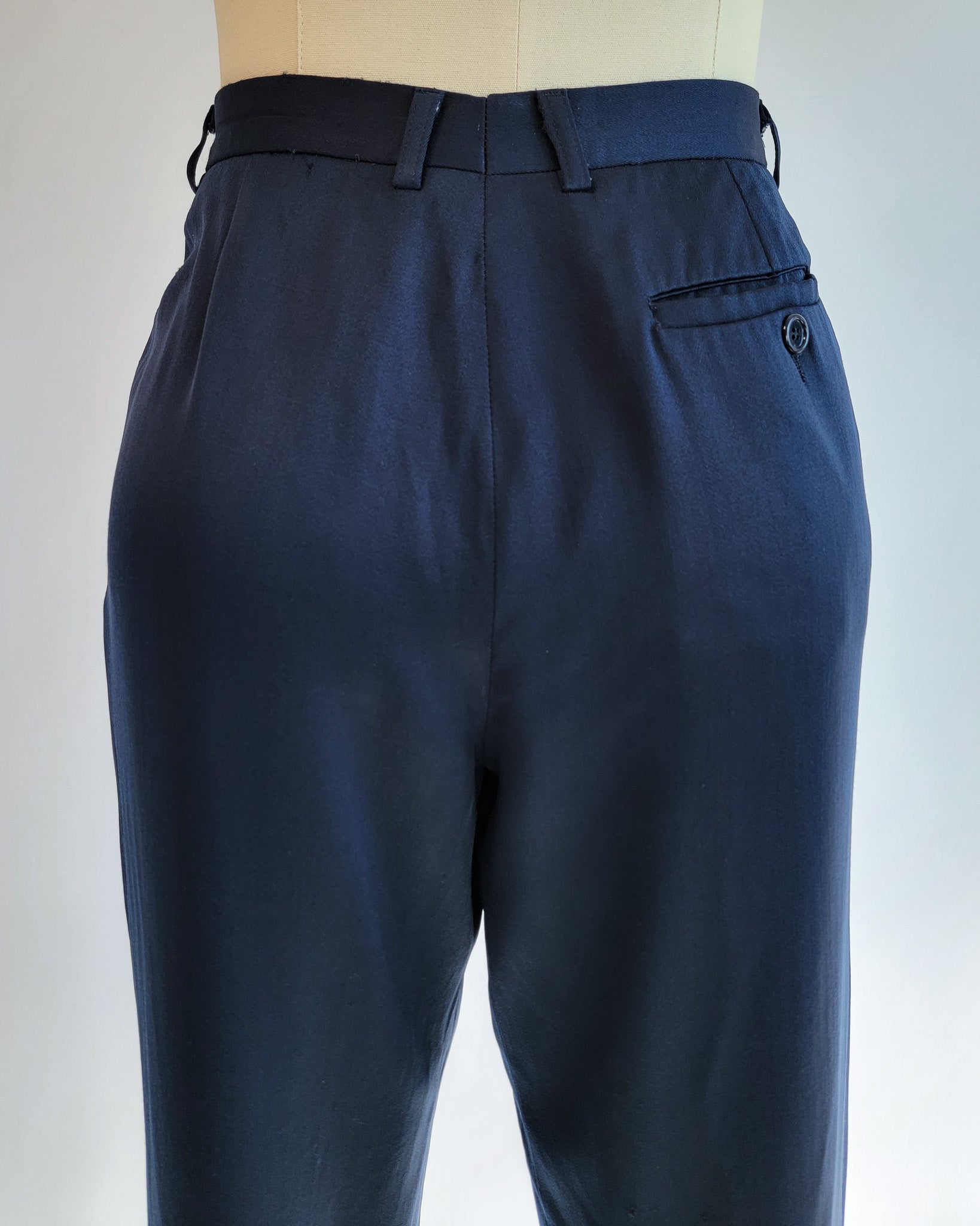 80s Kenzo Navy Reverse Pleated Wool Visibly Mended Pants