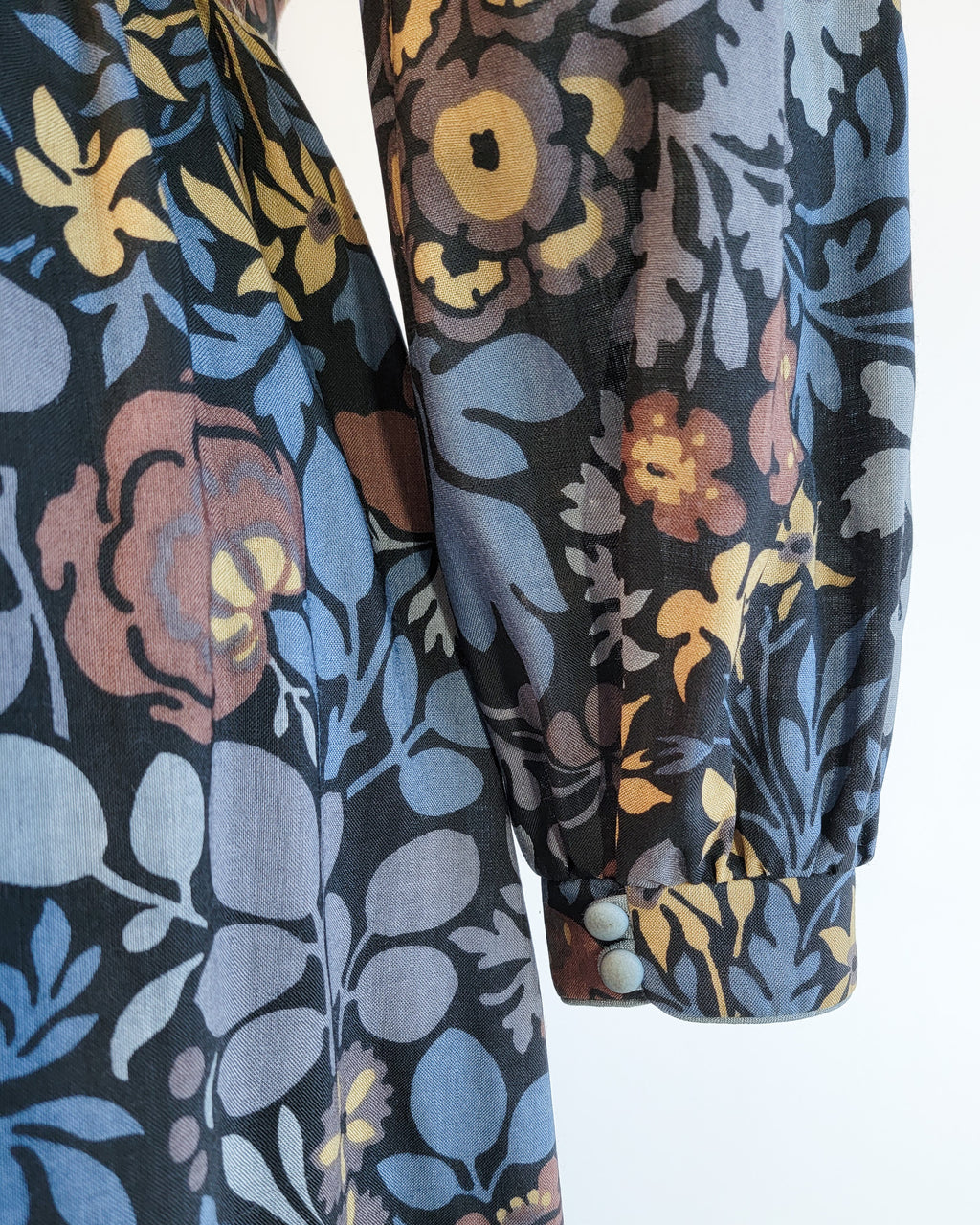 70s Marion Donaldson Blue Floral Art Nouveau Print Long Sleeved Dress