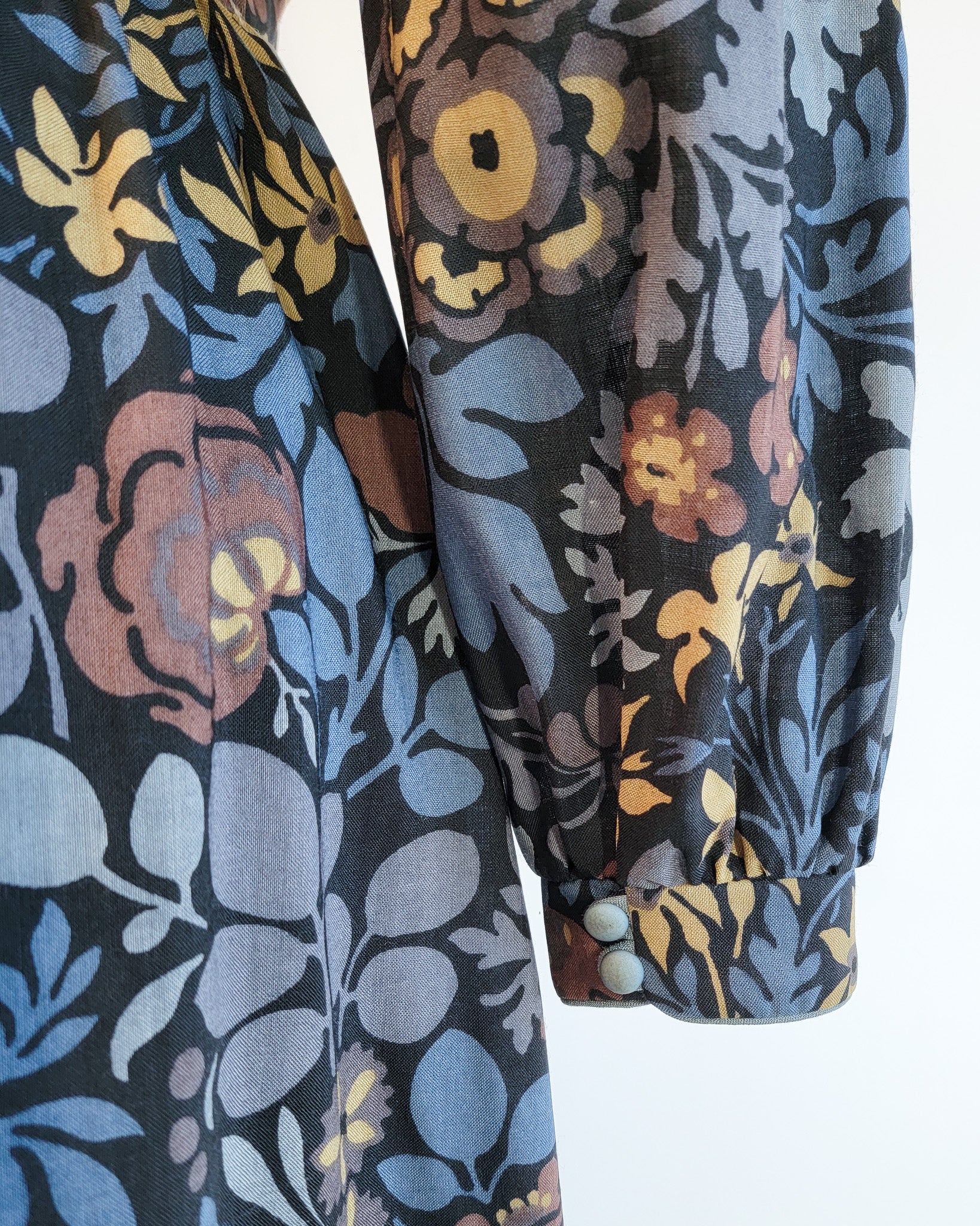 70s Marion Donaldson Blue Floral Art Nouveau Print Long Sleeved Dress