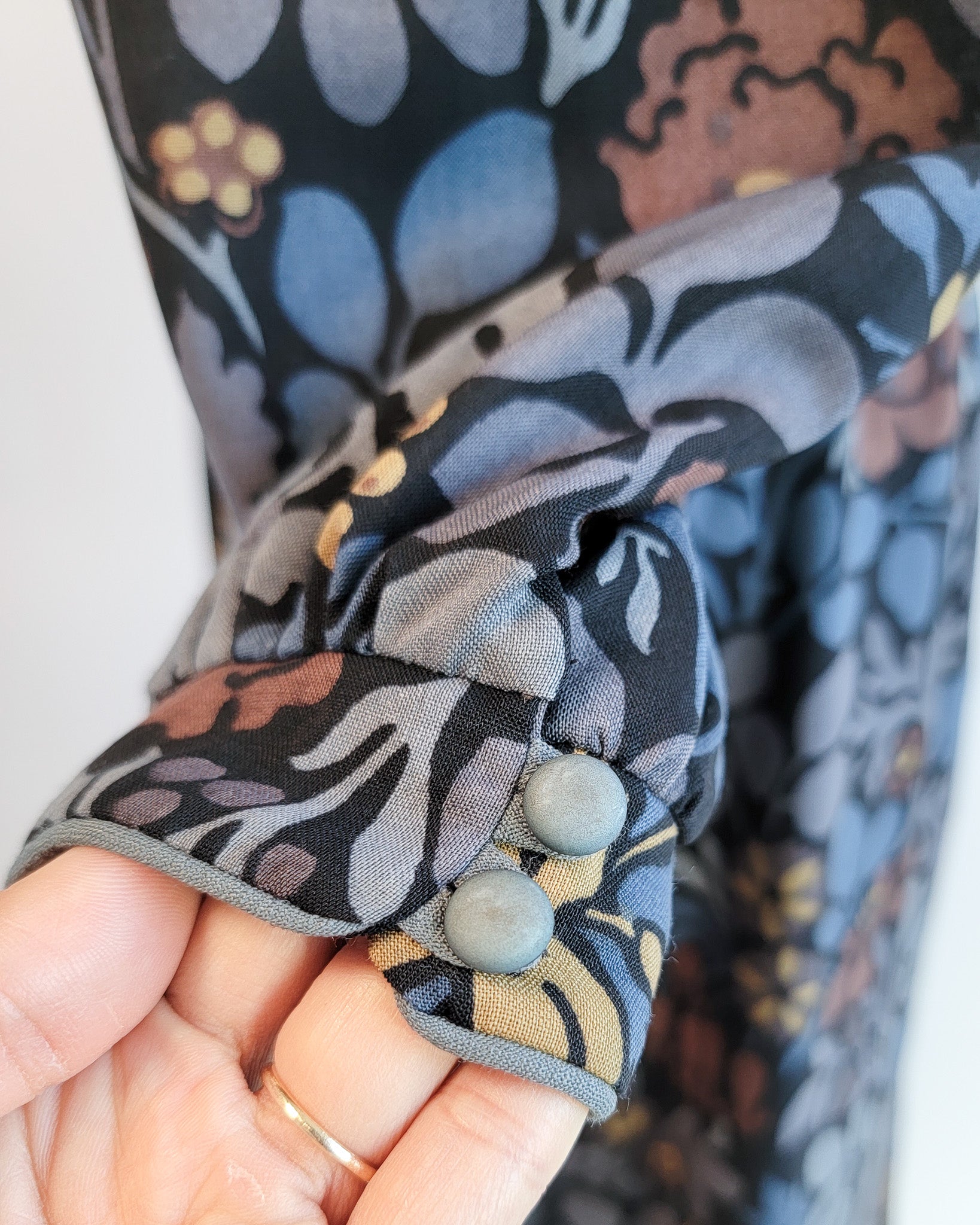 70s Marion Donaldson Blue Floral Art Nouveau Print Long Sleeved Dress