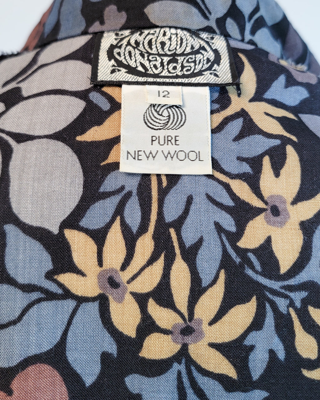 70s Marion Donaldson Blue Floral Art Nouveau Print Long Sleeved Dress