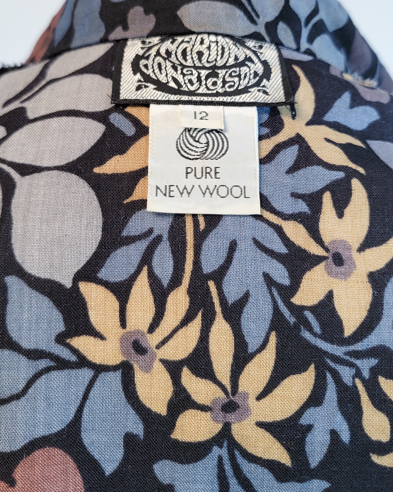 70s Marion Donaldson Blue Floral Art Nouveau Print Long Sleeved Dress