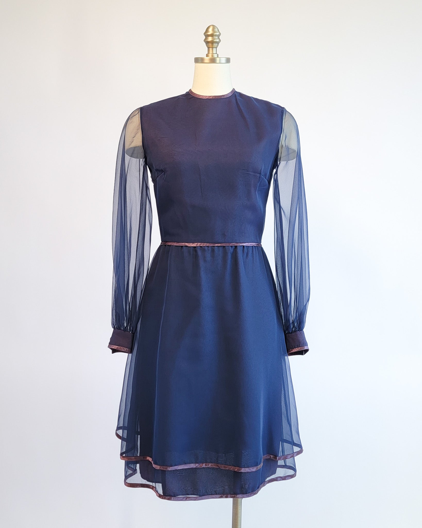 70s Marcel Fenez Navy Sheer Chiffon Cocktail Dress w Shawl