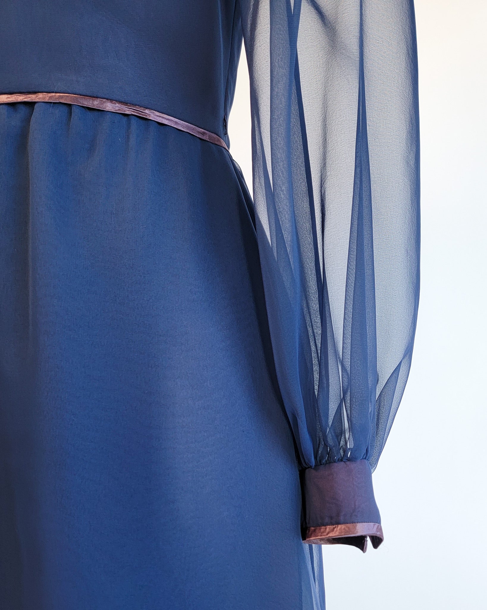 70s Marcel Fenez Navy Sheer Chiffon Cocktail Dress w Shawl