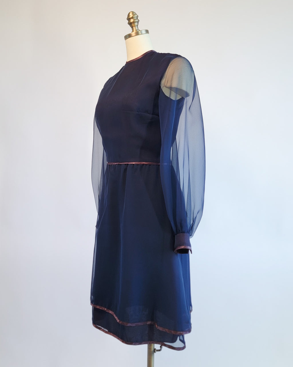 70s Marcel Fenez Navy Sheer Chiffon Cocktail Dress w Shawl