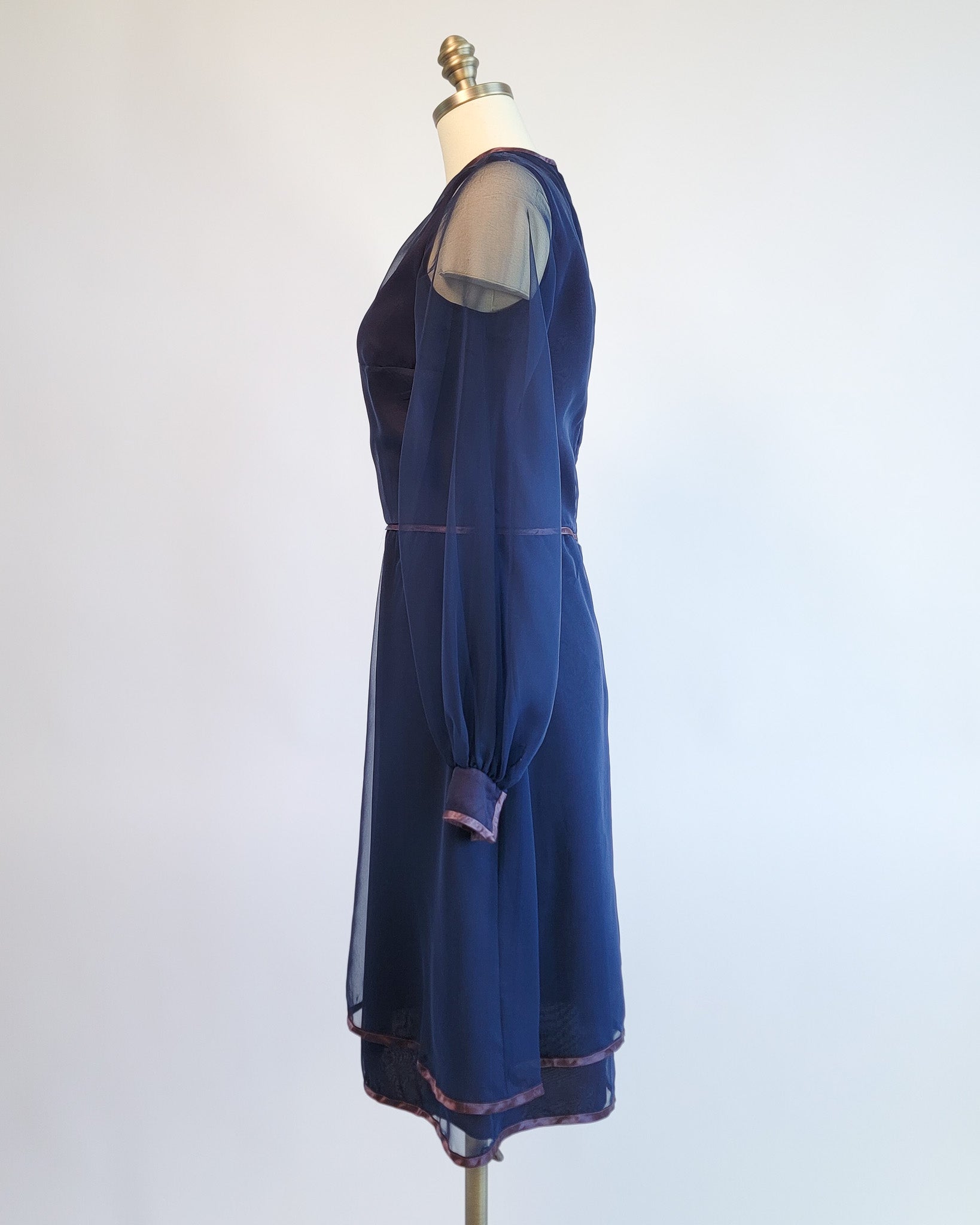 70s Marcel Fenez Navy Sheer Chiffon Cocktail Dress w Shawl