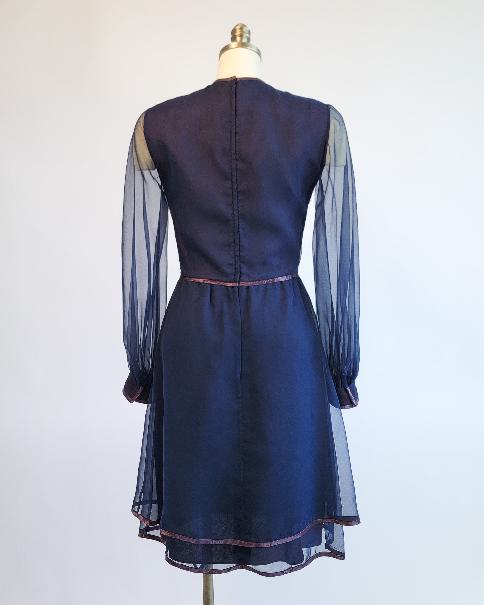 70s Marcel Fenez Navy Sheer Chiffon Cocktail Dress w Shawl