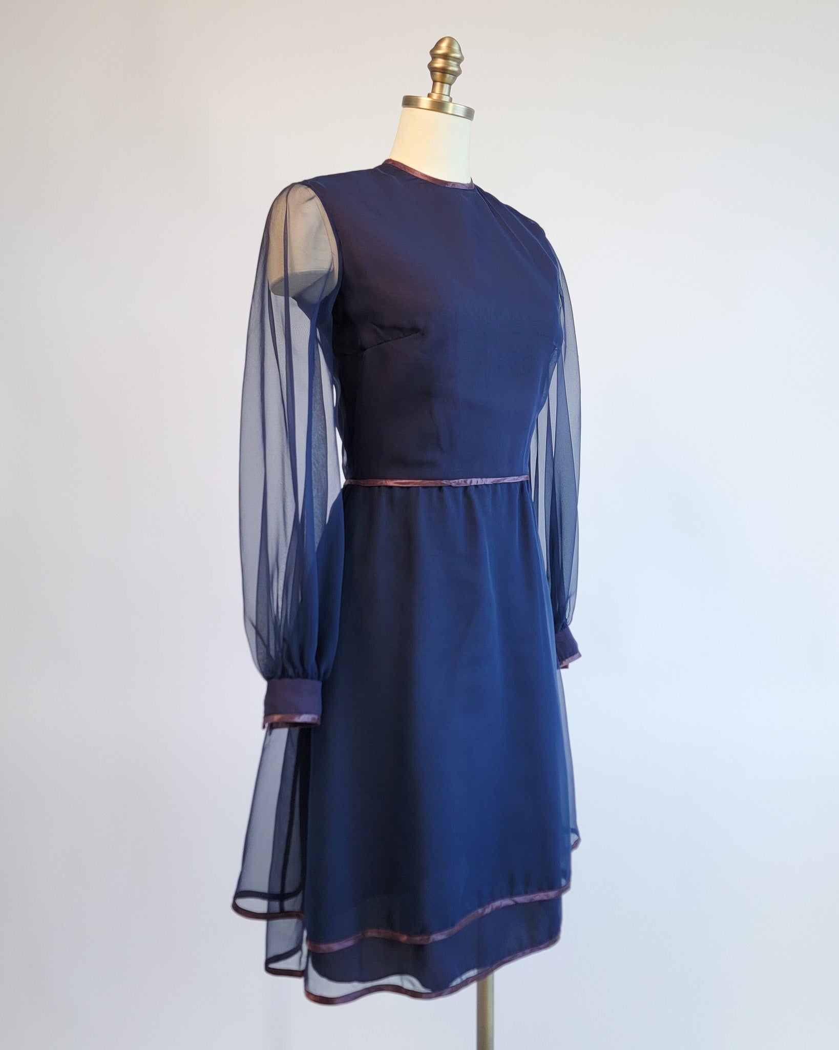 70s Marcel Fenez Navy Sheer Chiffon Cocktail Dress w Shawl
