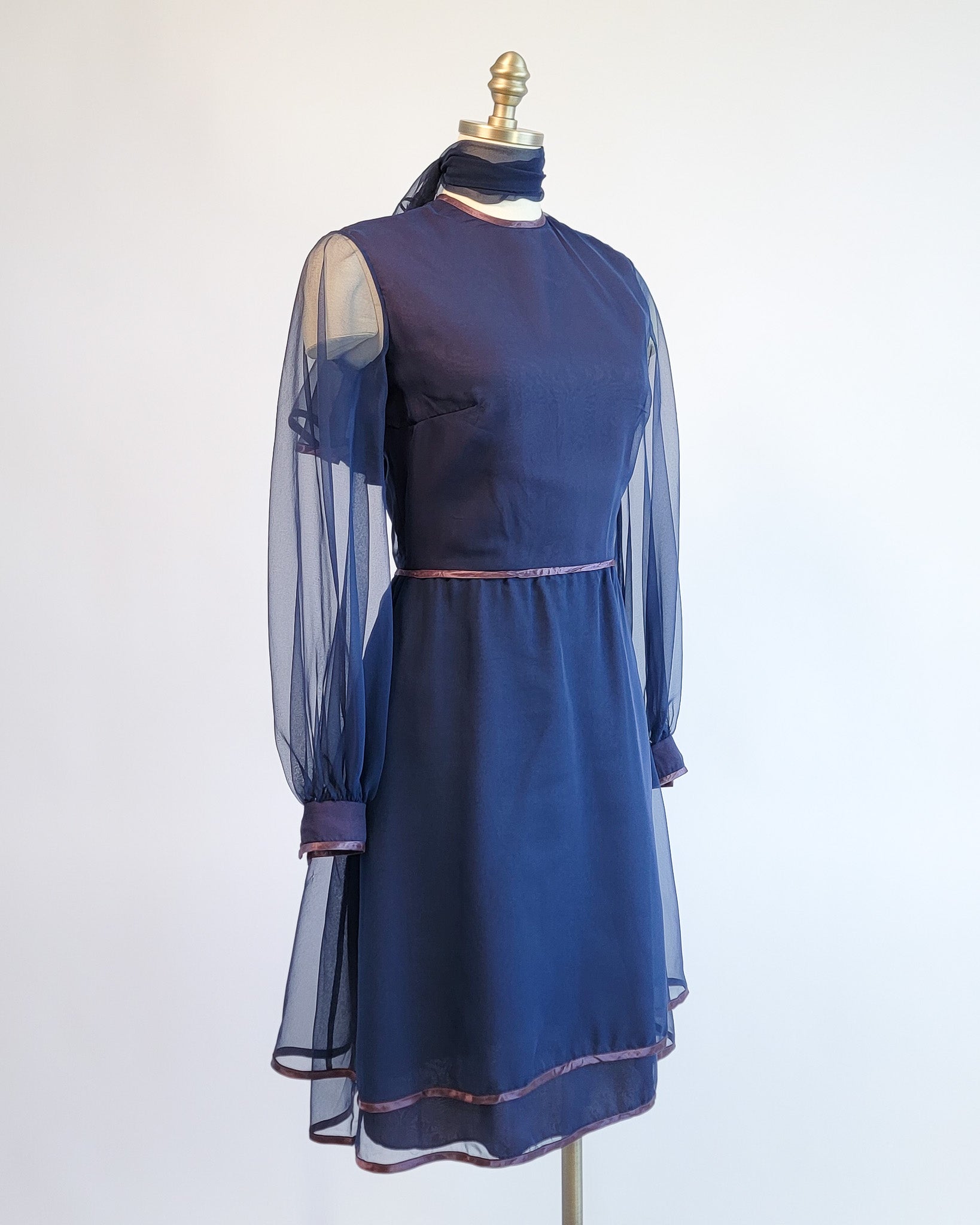 70s Marcel Fenez Navy Sheer Chiffon Cocktail Dress w Shawl