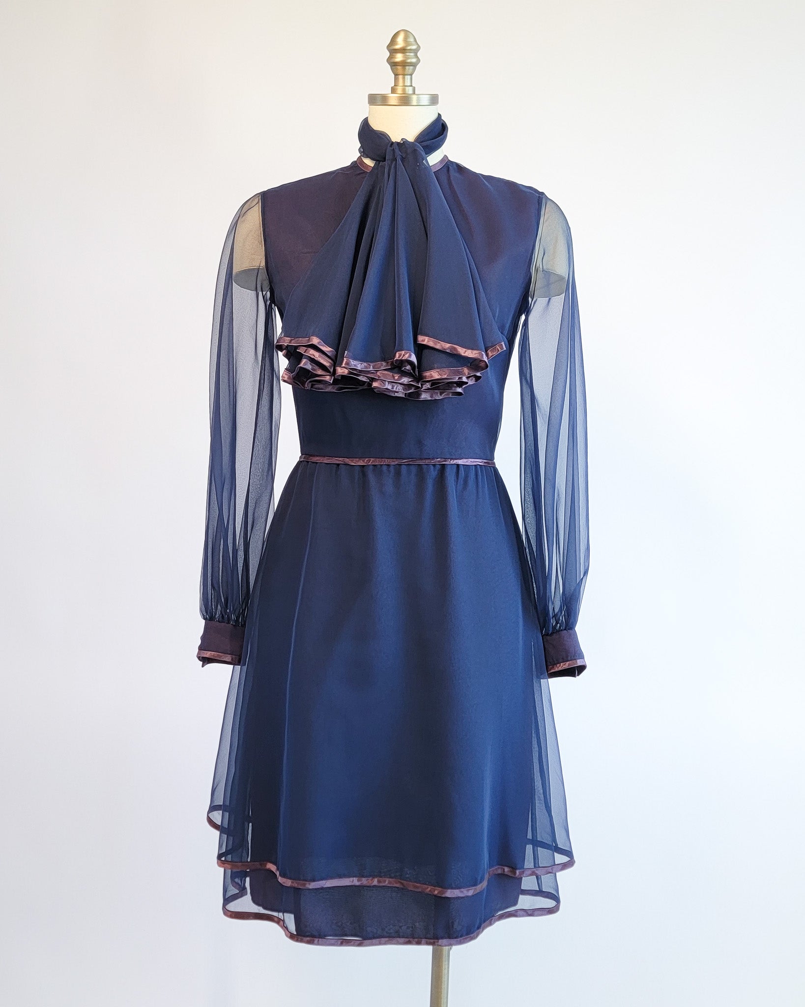 70s Marcel Fenez Navy Sheer Chiffon Cocktail Dress w Shawl