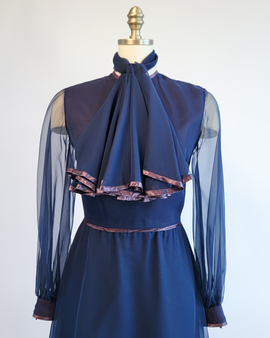 70s Marcel Fenez Navy Sheer Chiffon Cocktail Dress w Shawl