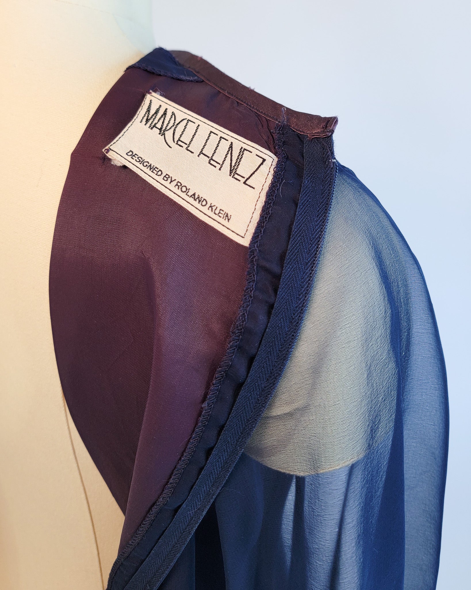 70s Marcel Fenez Navy Sheer Chiffon Cocktail Dress w Shawl