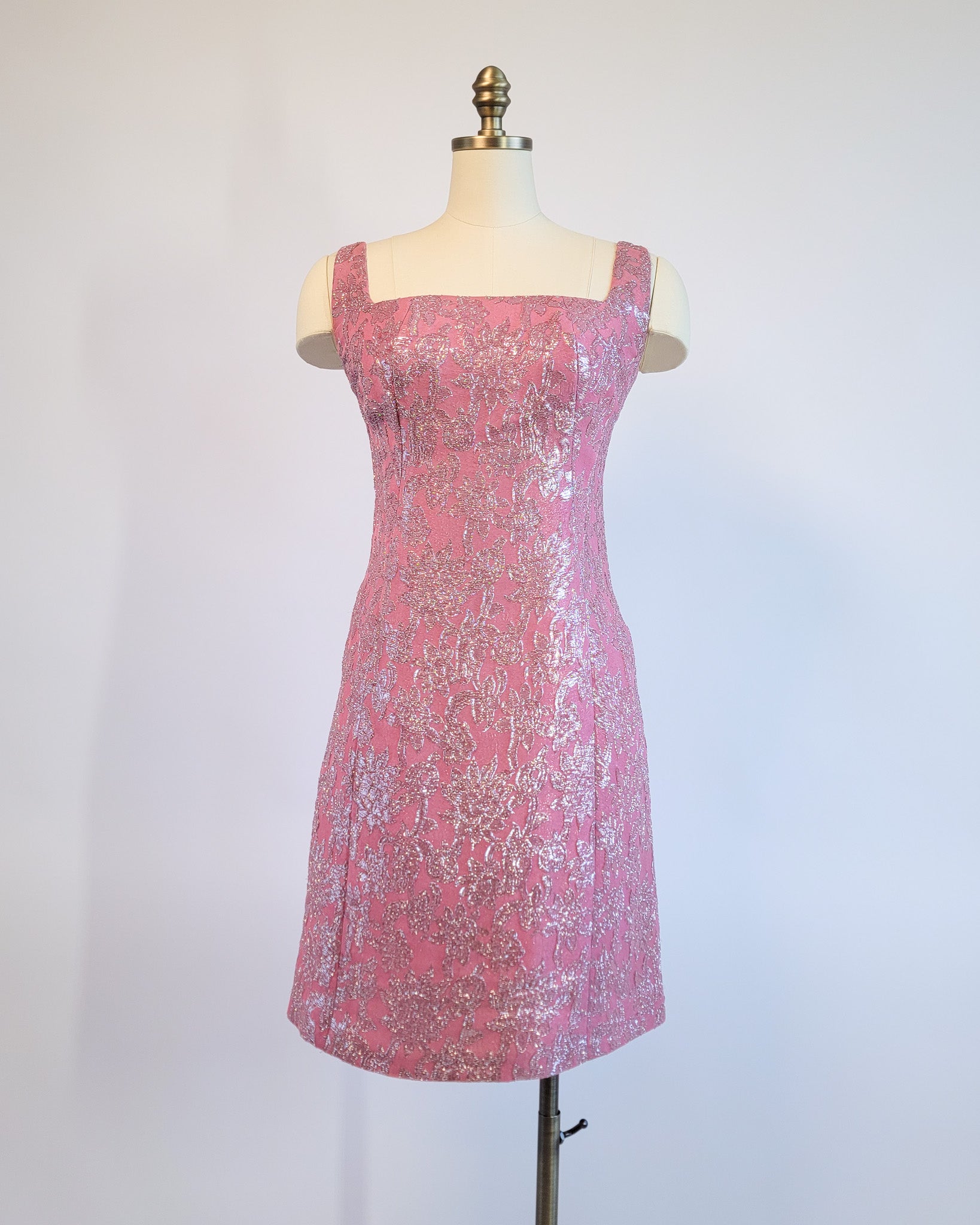 60s Pink Brocade & Silver Lamé Party Dress