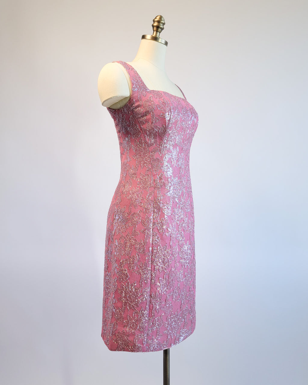 60s Pink Brocade & Silver Lamé Party Dress