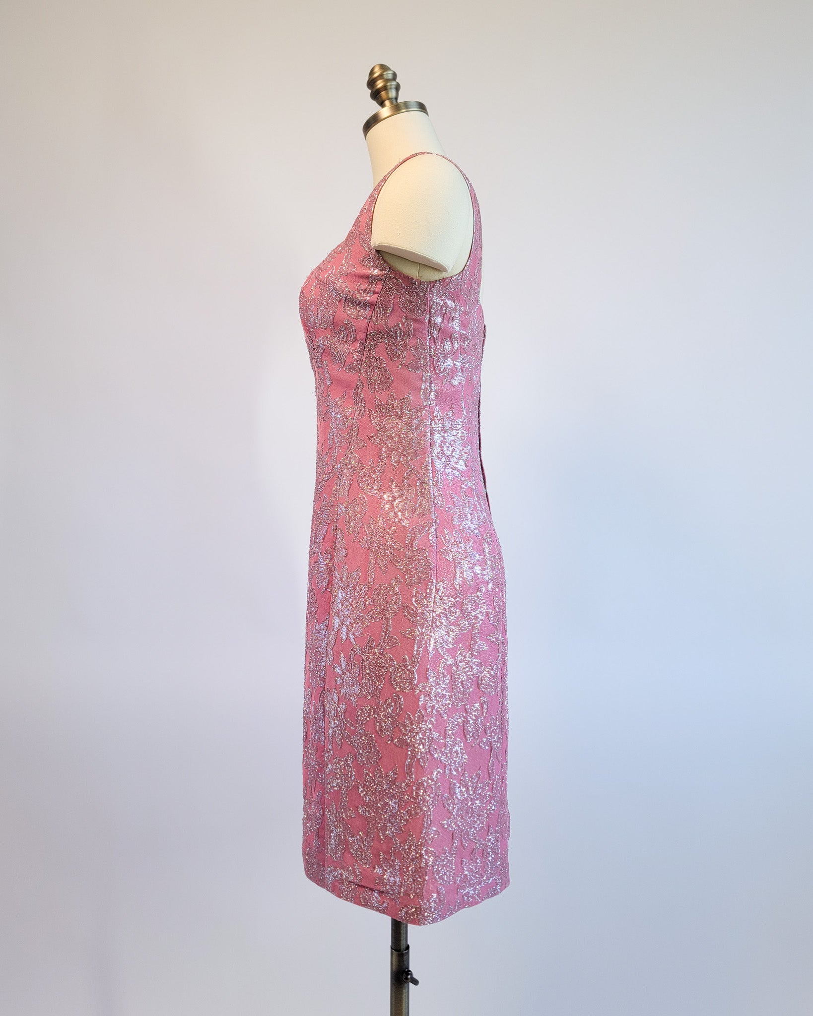 60s Pink Brocade & Silver Lamé Party Dress