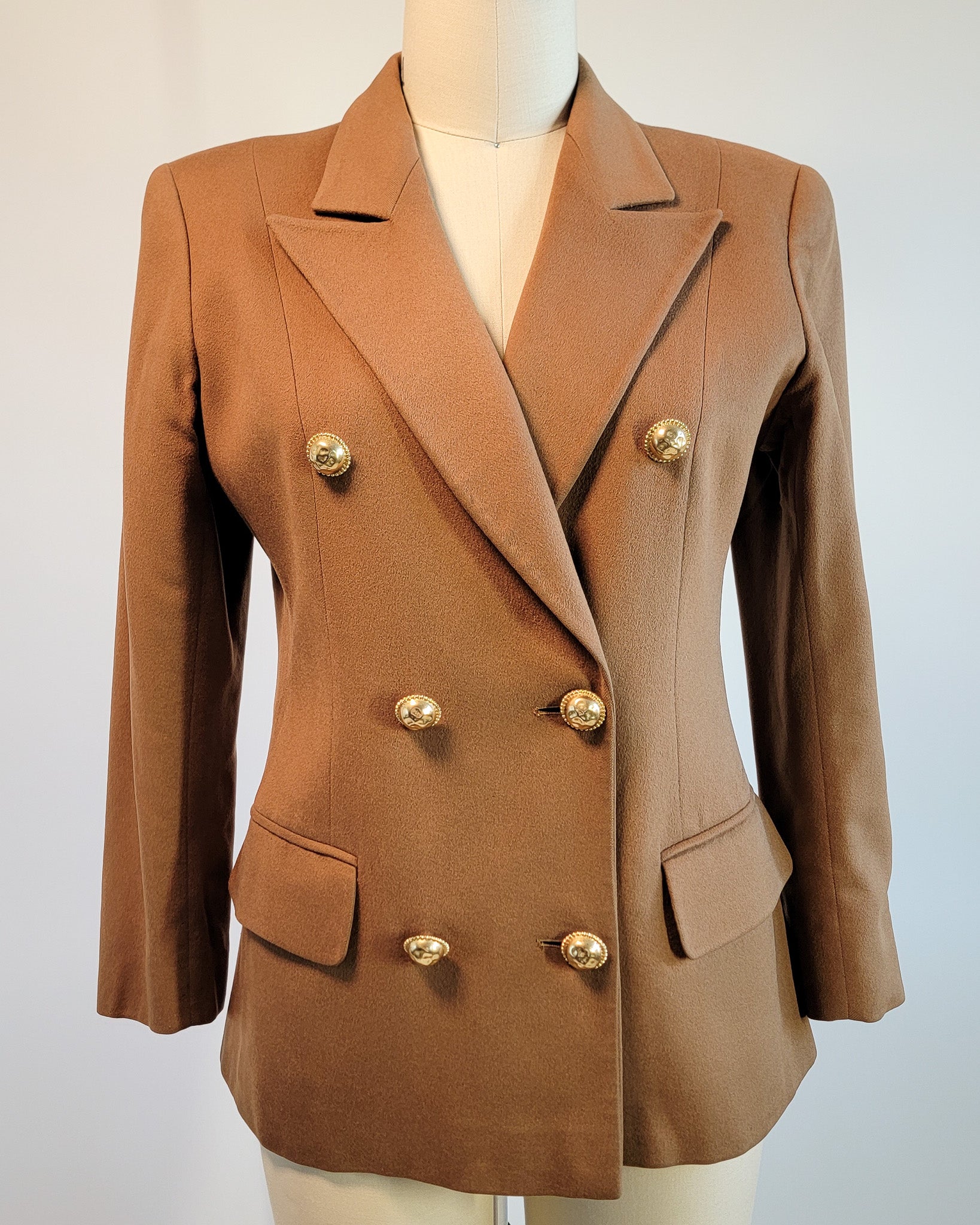 80s Valentino Miss V Loro Piano Cashmere Peak Lapel Double Breasted Brass Button Blazer
