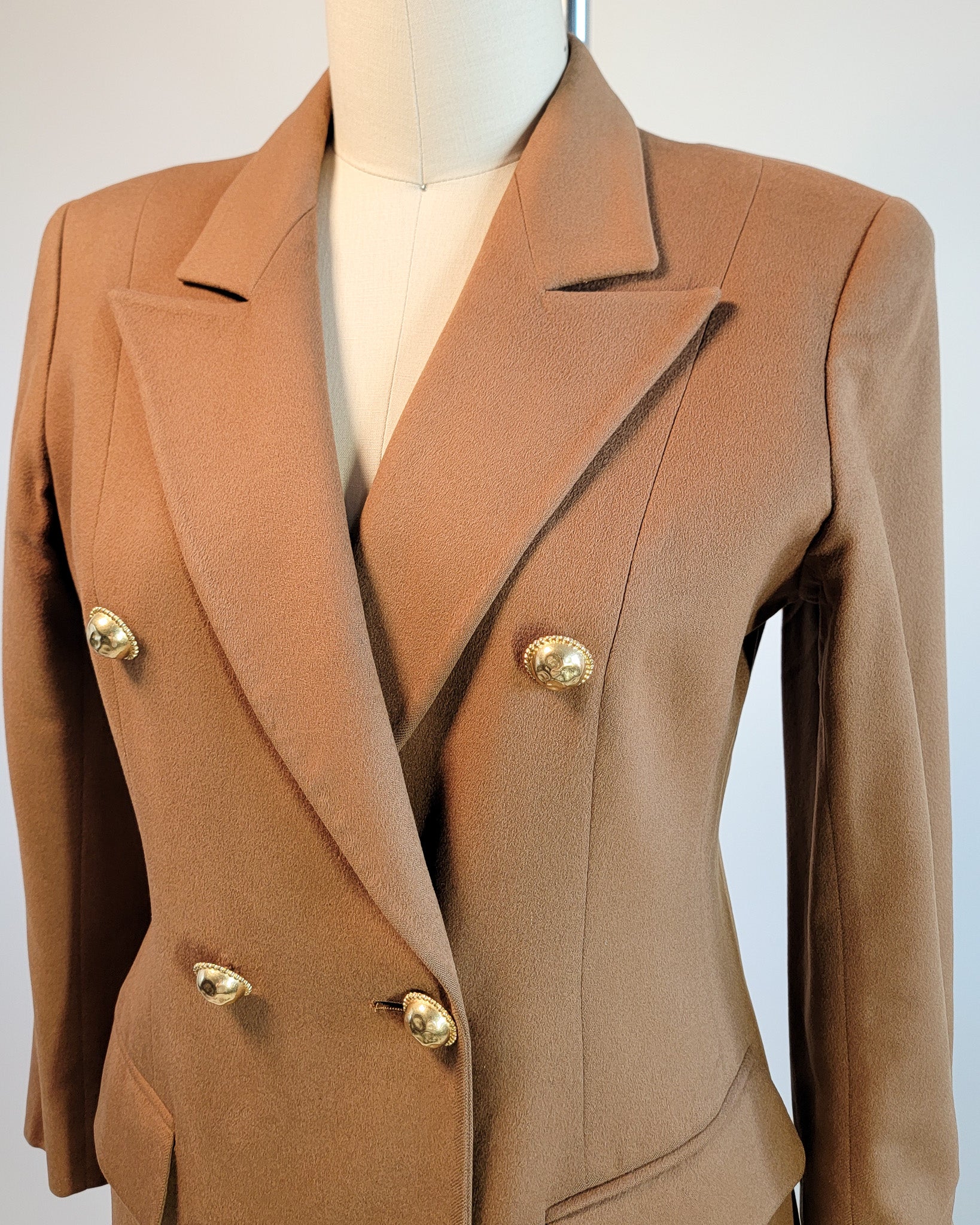 80s Valentino Miss V Loro Piano Cashmere Peak Lapel Double Breasted Brass Button Blazer