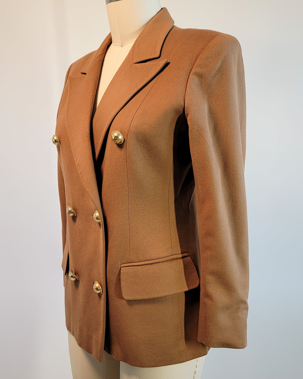 80s Valentino Miss V Loro Piano Cashmere Peak Lapel Double Breasted Brass Button Blazer
