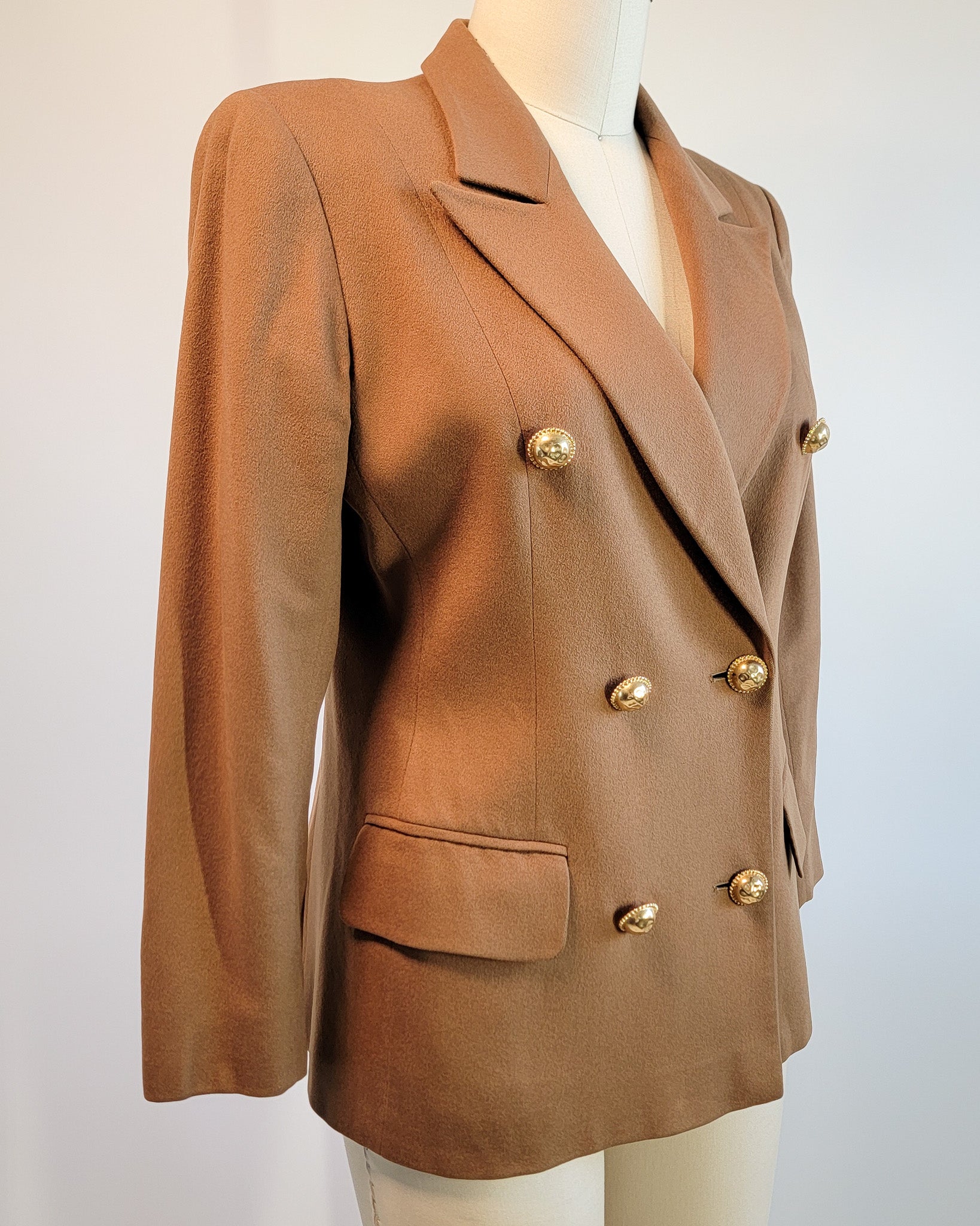 80s Valentino Miss V Loro Piano Cashmere Peak Lapel Double Breasted Brass Button Blazer