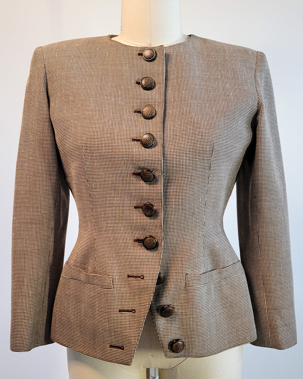 80s Valentino Boutique Wool Brown Micro Pattern Collarless Fitted Corset Blazer