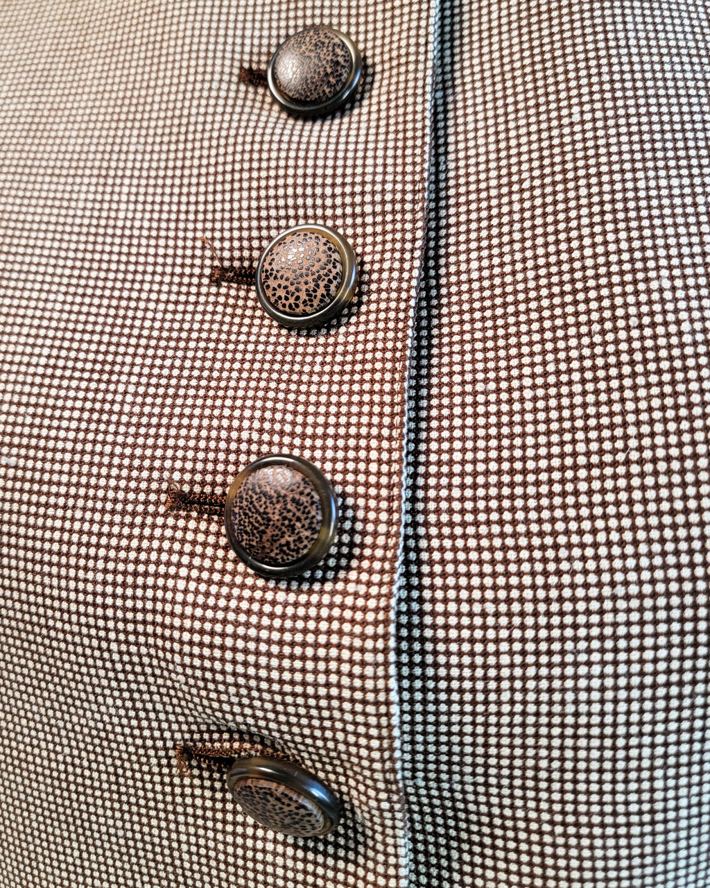 80s Valentino Boutique Wool Brown Micro Pattern Collarless Fitted Corset Blazer