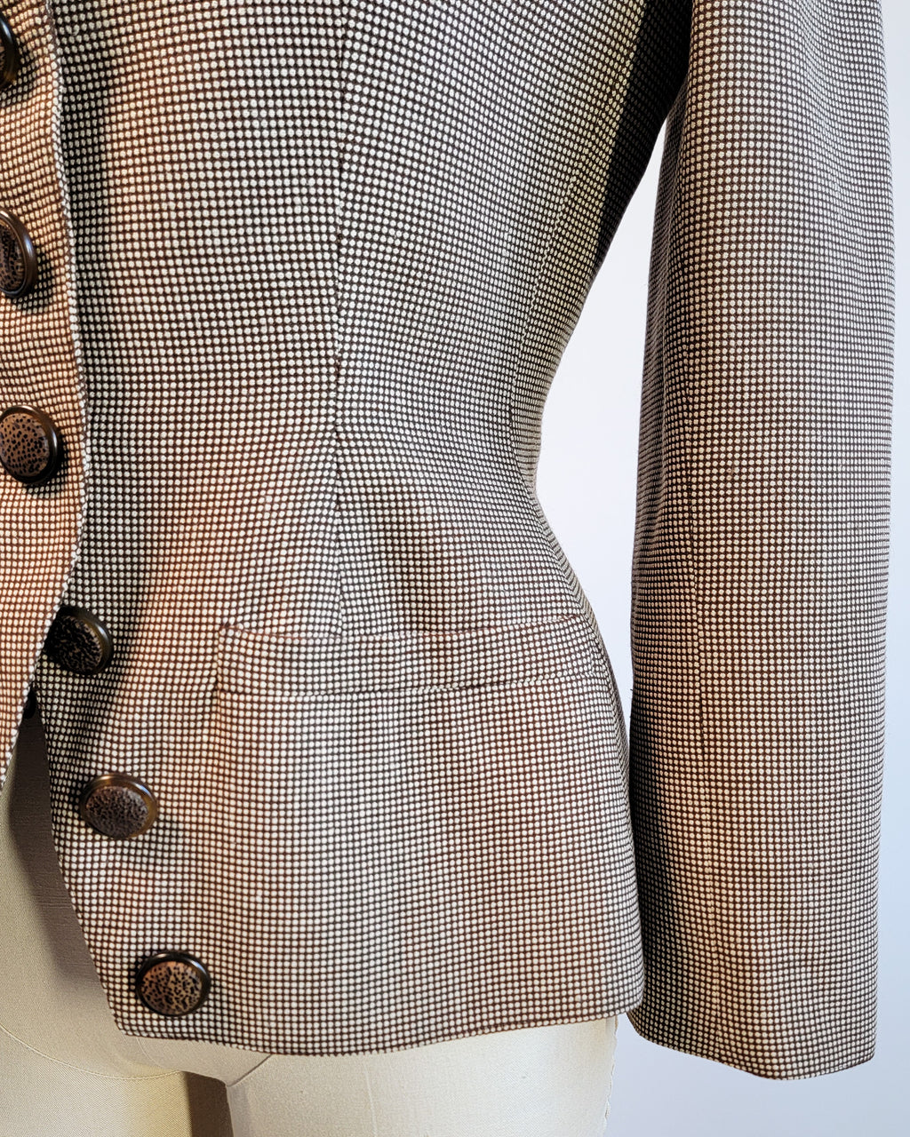 80s Valentino Boutique Wool Brown Micro Pattern Collarless Fitted Corset Blazer