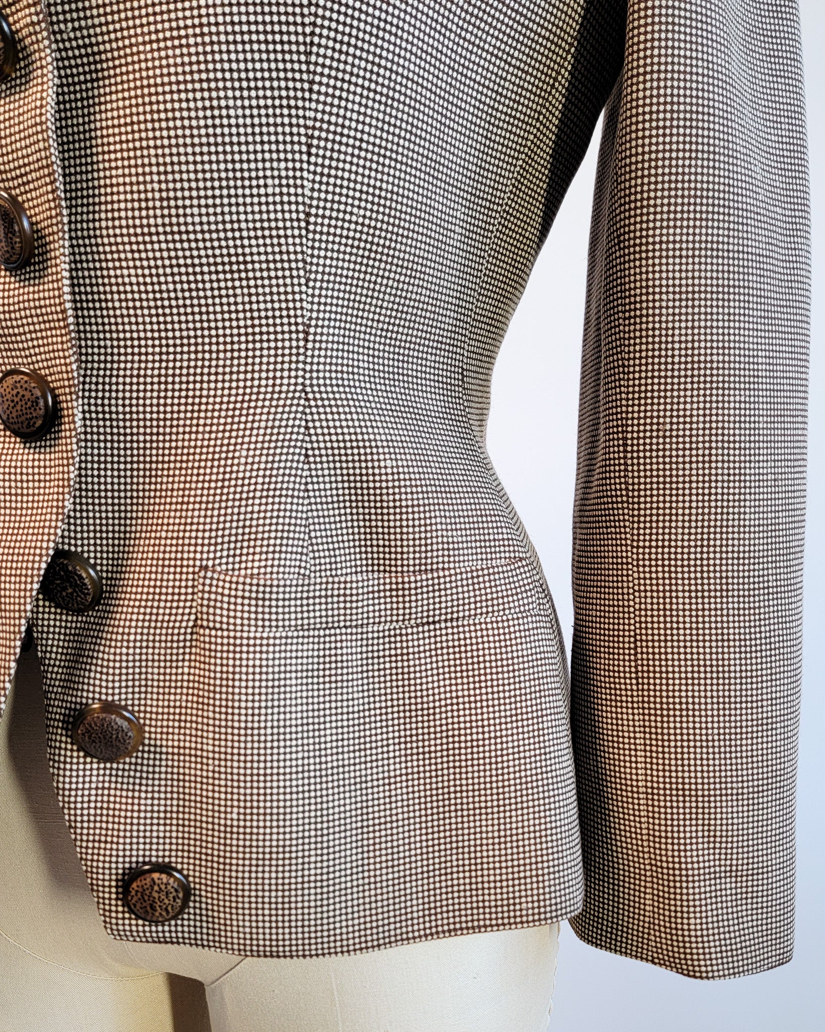 80s Valentino Boutique Wool Brown Micro Pattern Collarless Fitted Corset Blazer