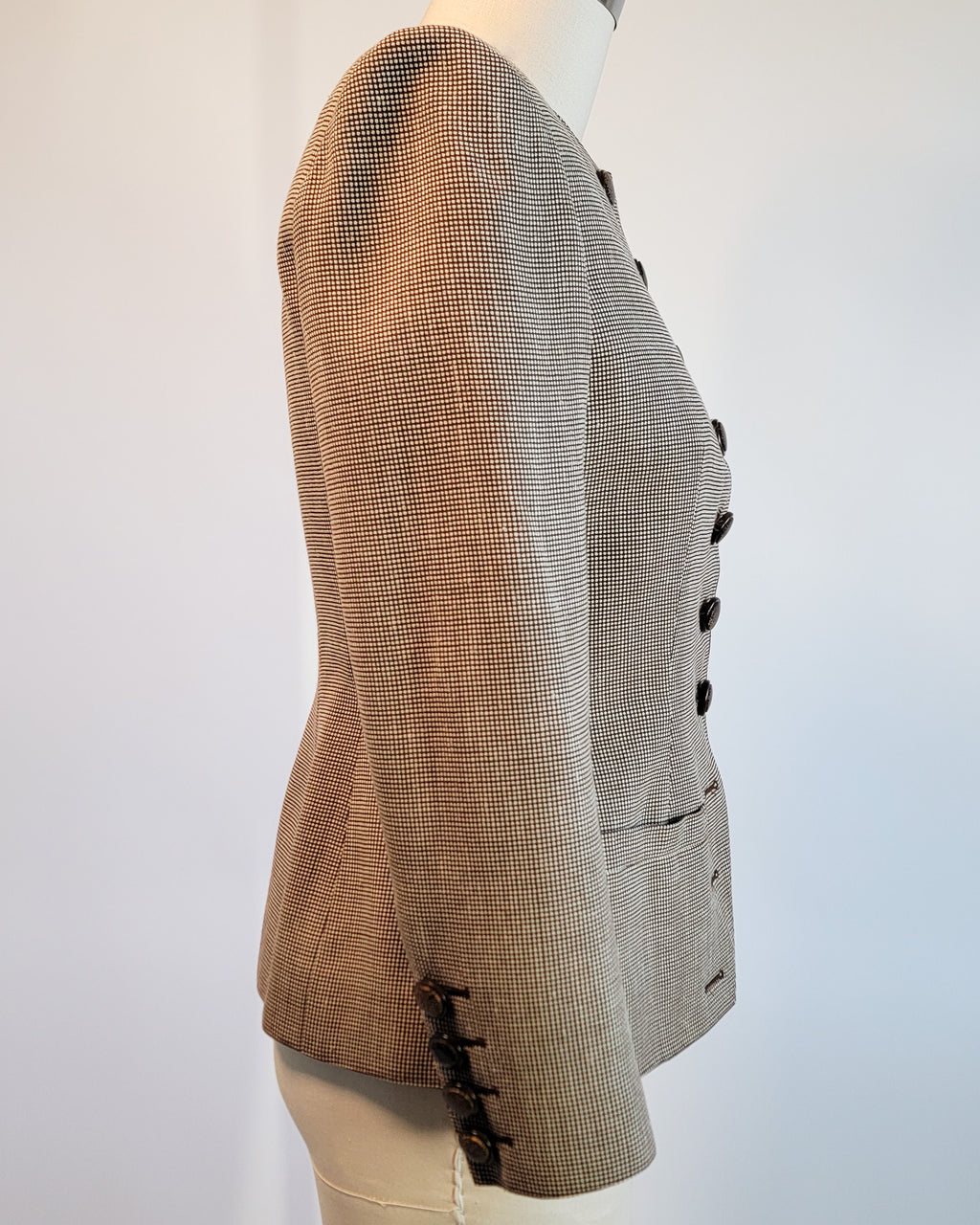 80s Valentino Boutique Wool Brown Micro Pattern Collarless Fitted Corset Blazer