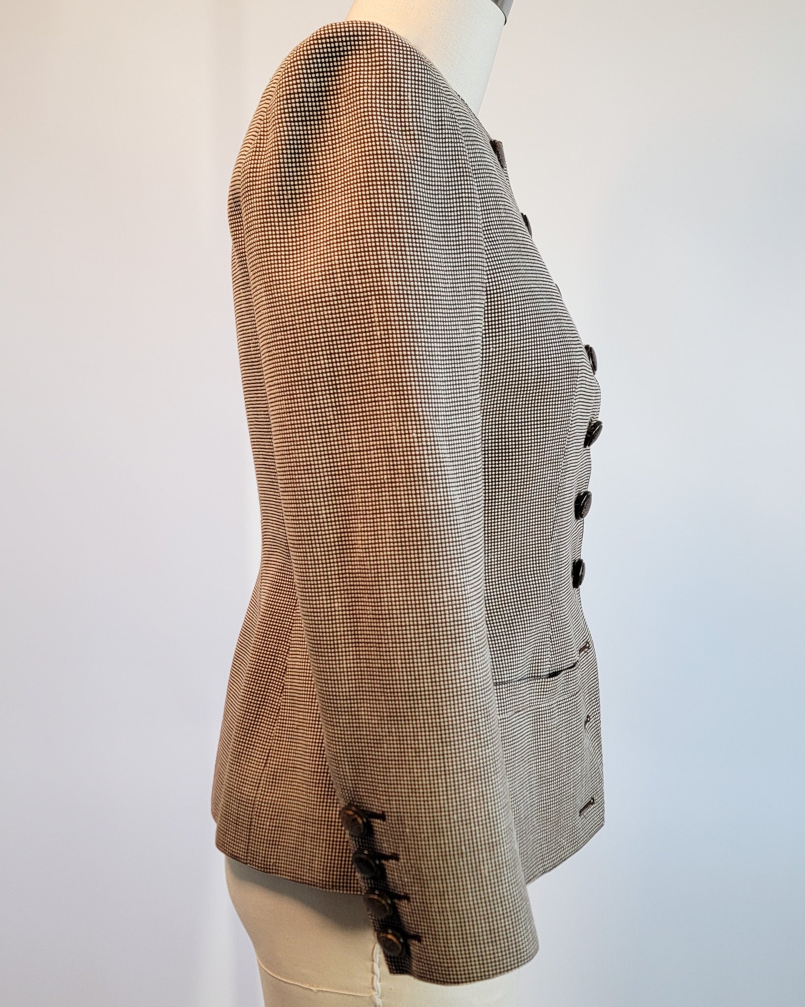 80s Valentino Boutique Wool Brown Micro Pattern Collarless Fitted Corset Blazer