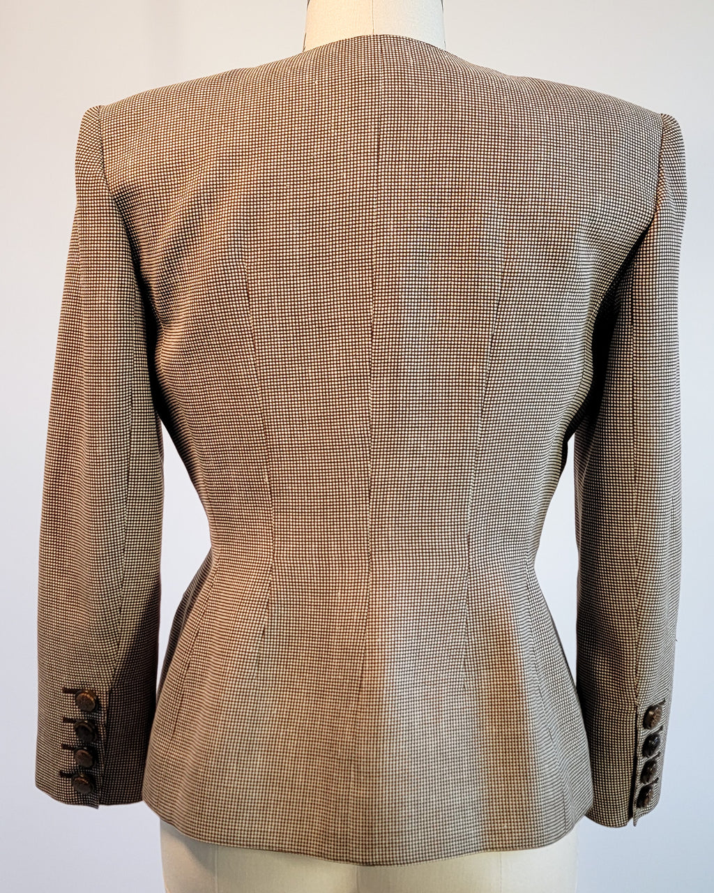 80s Valentino Boutique Wool Brown Micro Pattern Collarless Fitted Corset Blazer