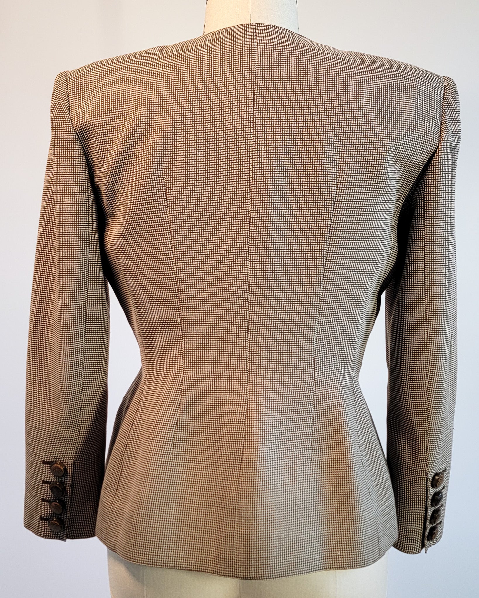 80s Valentino Boutique Wool Brown Micro Pattern Collarless Fitted Corset Blazer