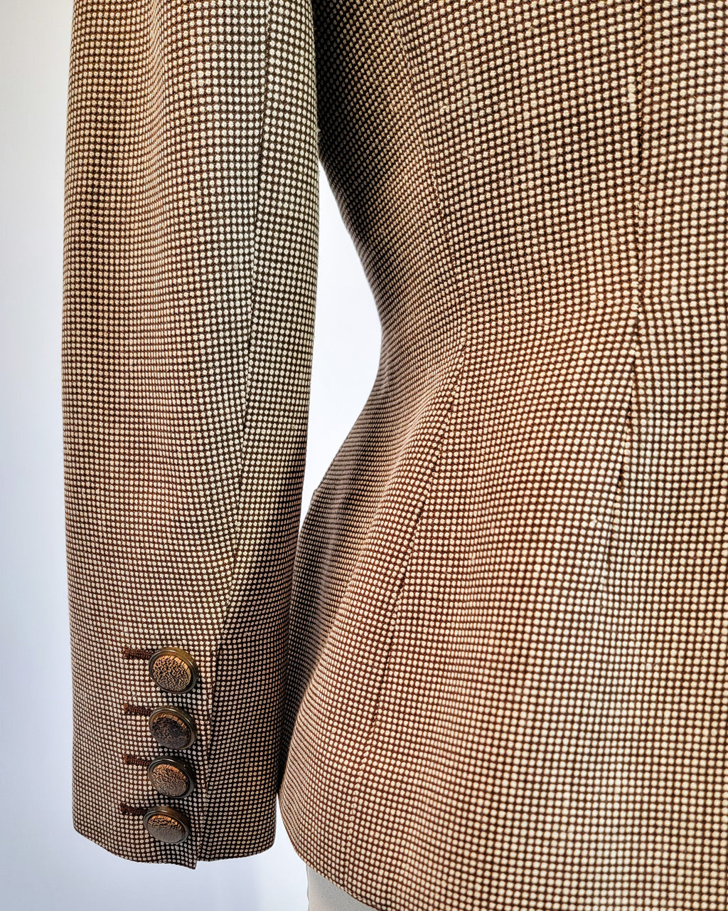 80s Valentino Boutique Wool Brown Micro Pattern Collarless Fitted Corset Blazer