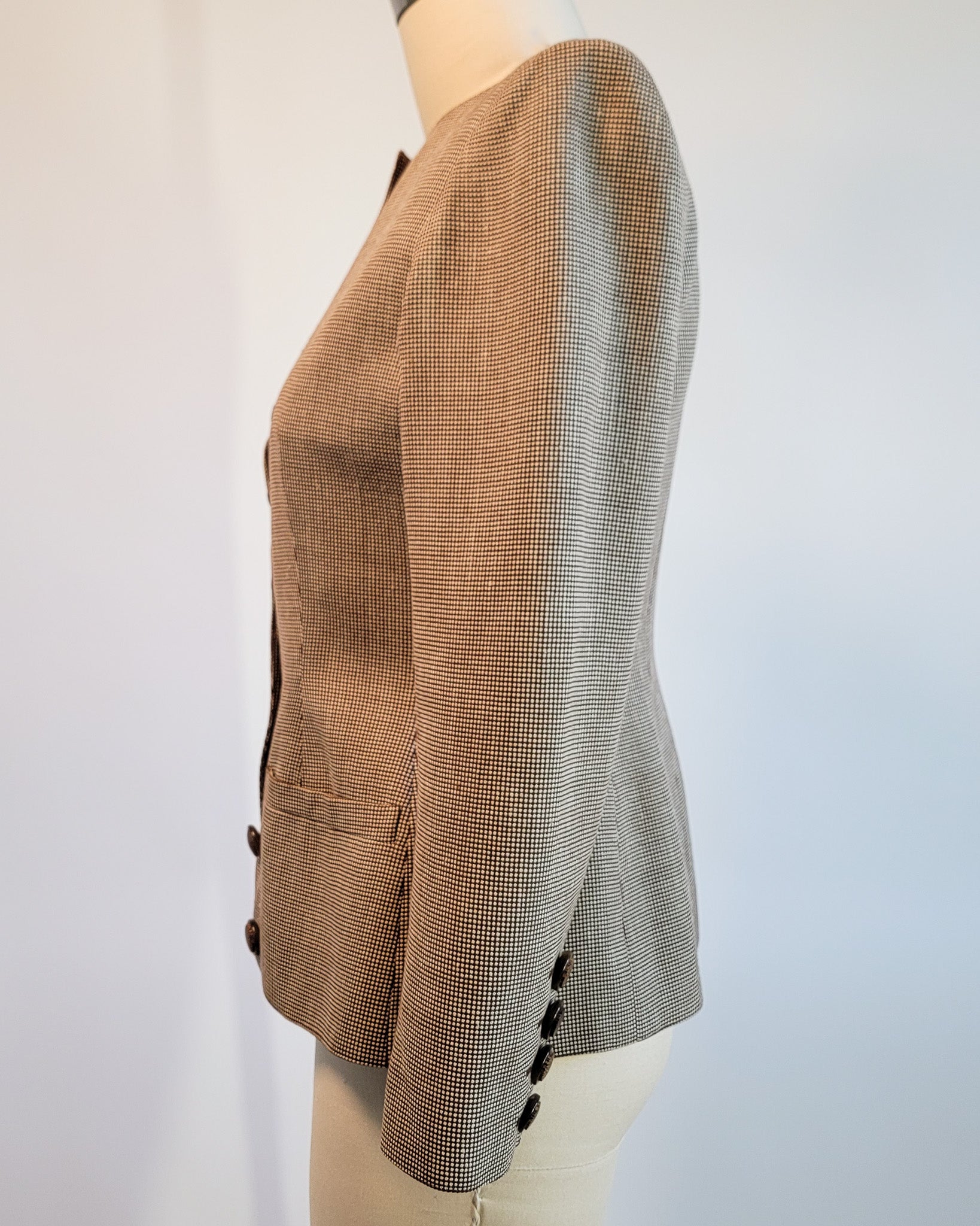 80s Valentino Boutique Wool Brown Micro Pattern Collarless Fitted Corset Blazer