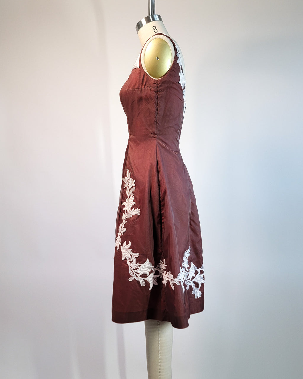 50s Brown Floral Appliqué Scoop Neck Cocktail Dress