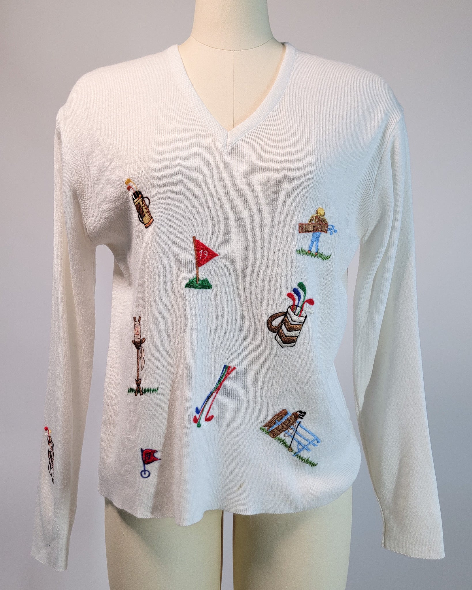 70s Embroidered Golf Acrylic V-neck Sweater
